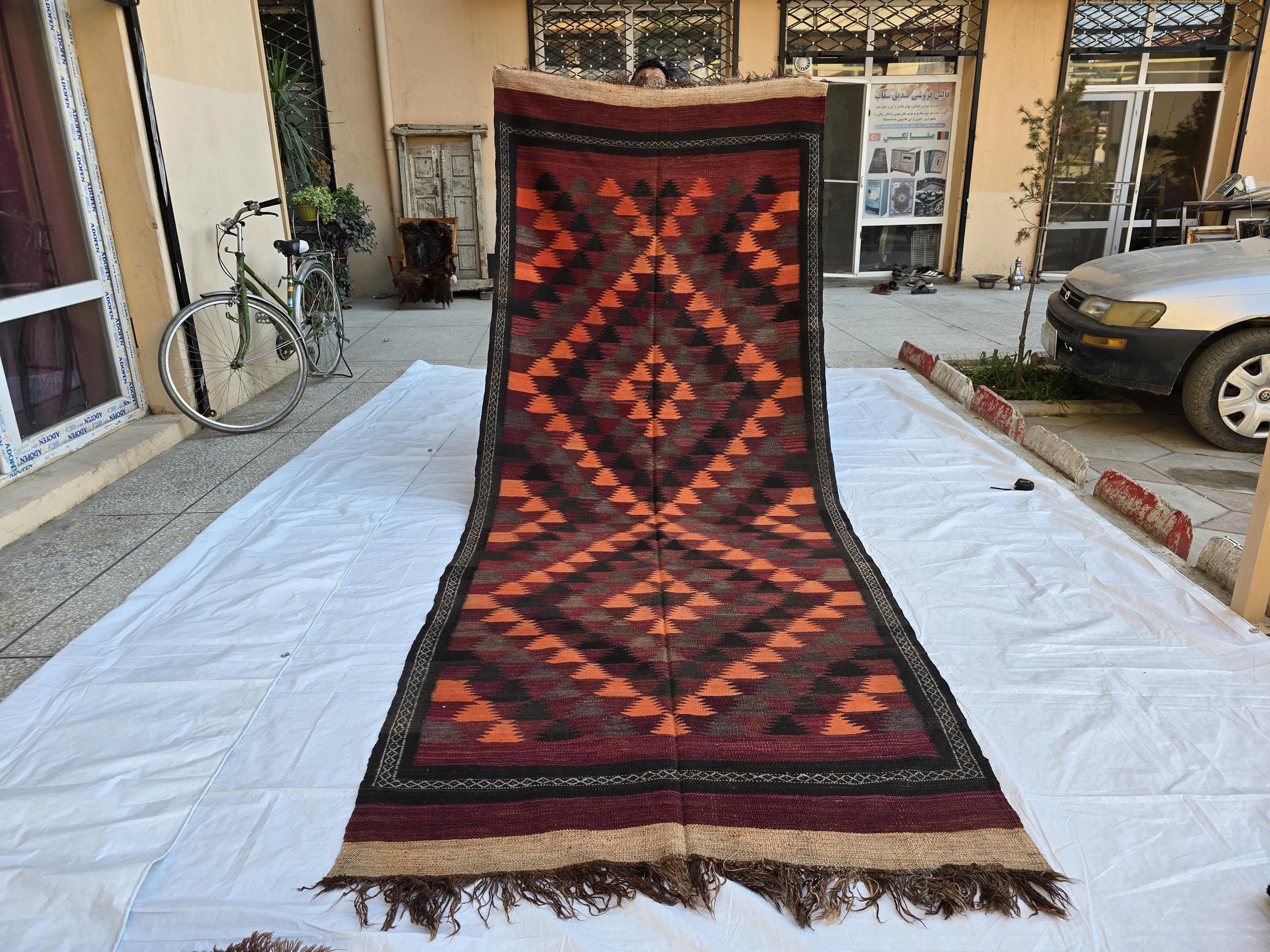 4x12 Vintage Afghan Kilim Rug – Handwoven Tribal Wool Runner – Geometric Pattern – Boho Rustic Decor – Antique Hallway Rug, Farmhouse Rug