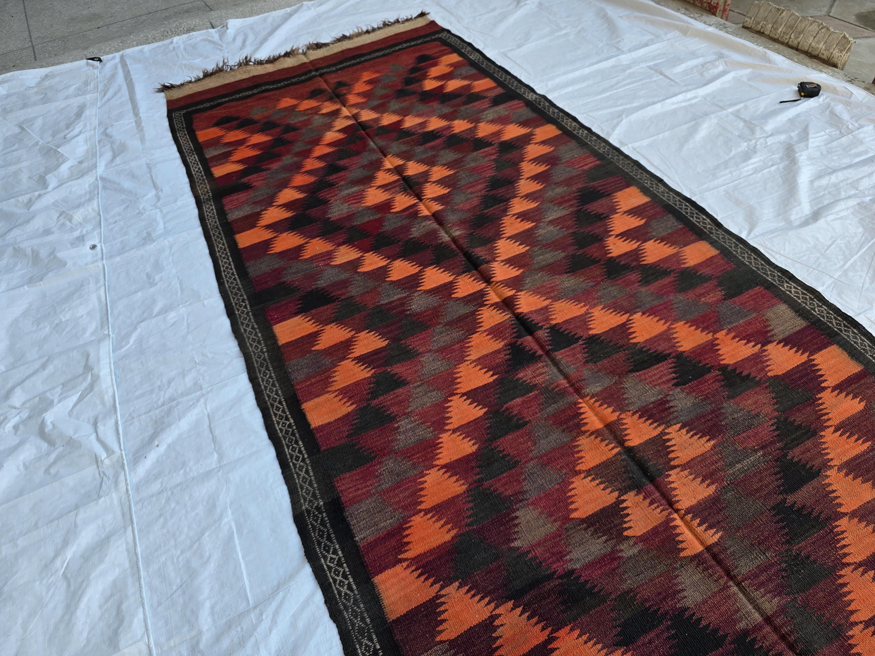 4x12 Vintage Afghan Kilim Rug – Handwoven Tribal Wool Runner – Geometric Pattern – Boho Rustic Decor – Antique Hallway Rug, Farmhouse Rug