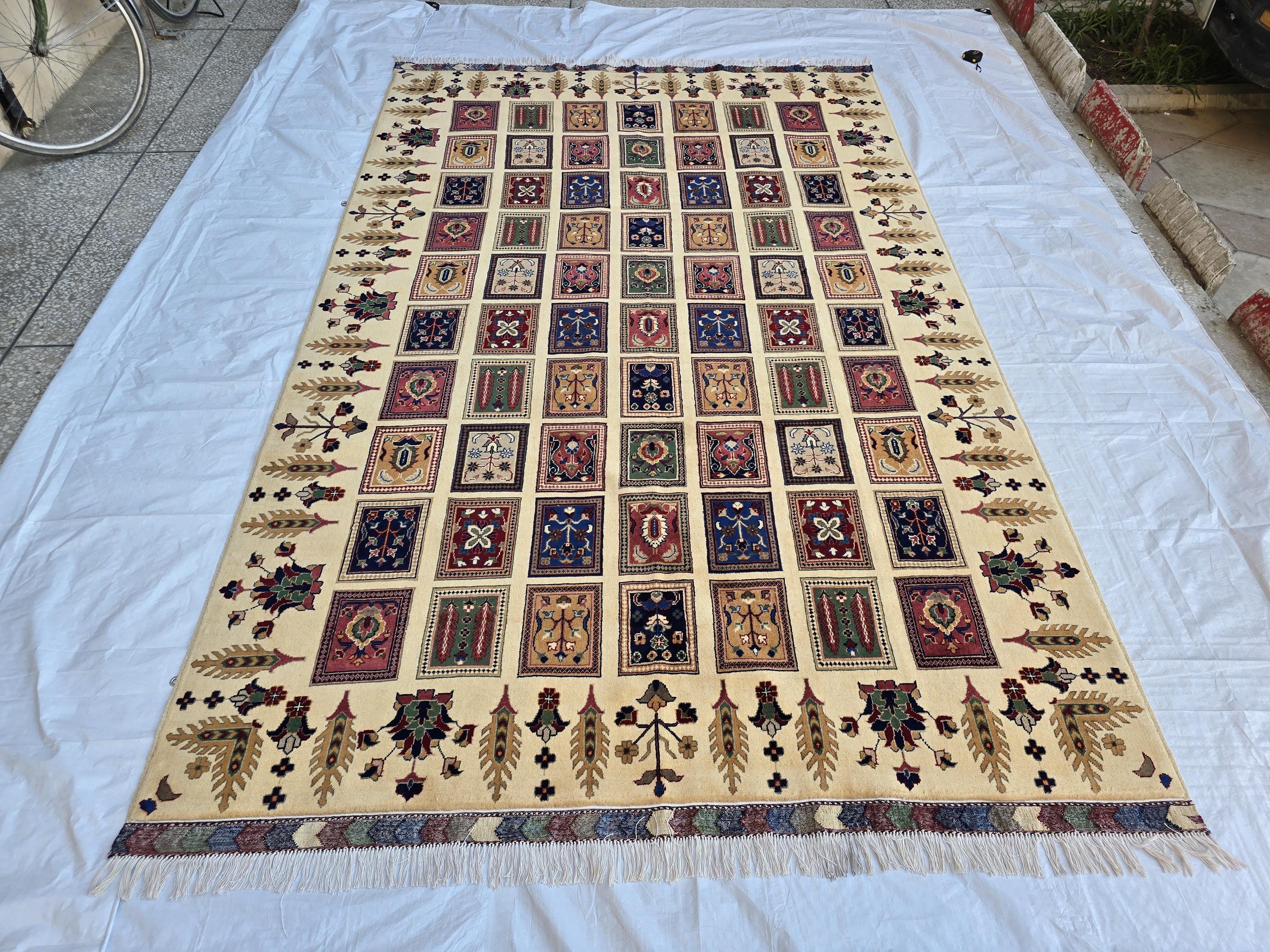6x10 Modern Afghan Wool Rug – Ivory Cream Base with Multicolor Pattern –Turkmen Handmade Area Carpet– Living Room Decor, Bedroom Rug 318x200