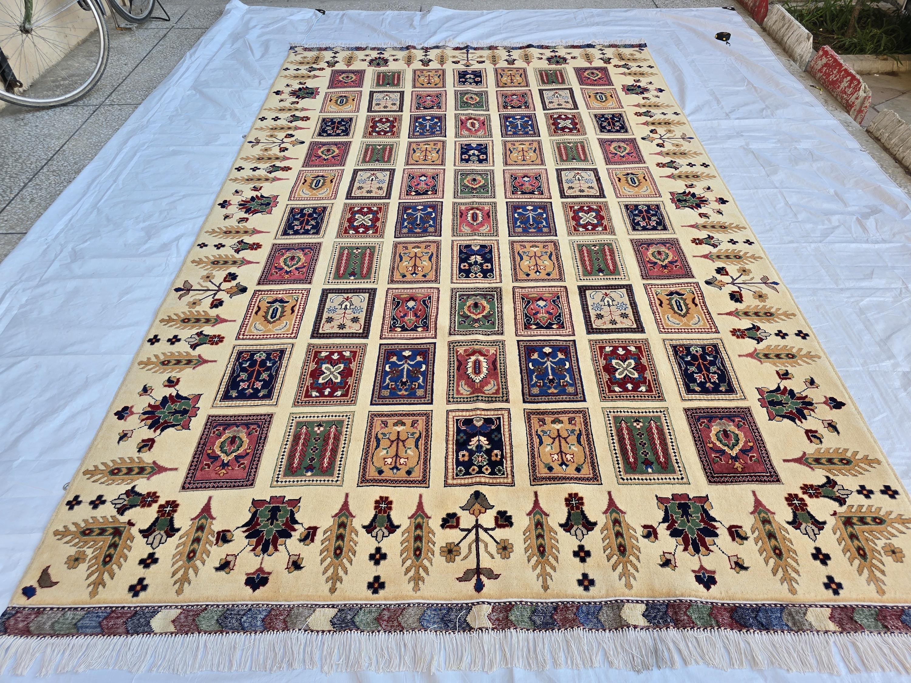 6x10 Modern Afghan Wool Rug – Ivory Cream Base with Multicolor Pattern –Turkmen Handmade Area Carpet– Living Room Decor, Bedroom Rug 318x200