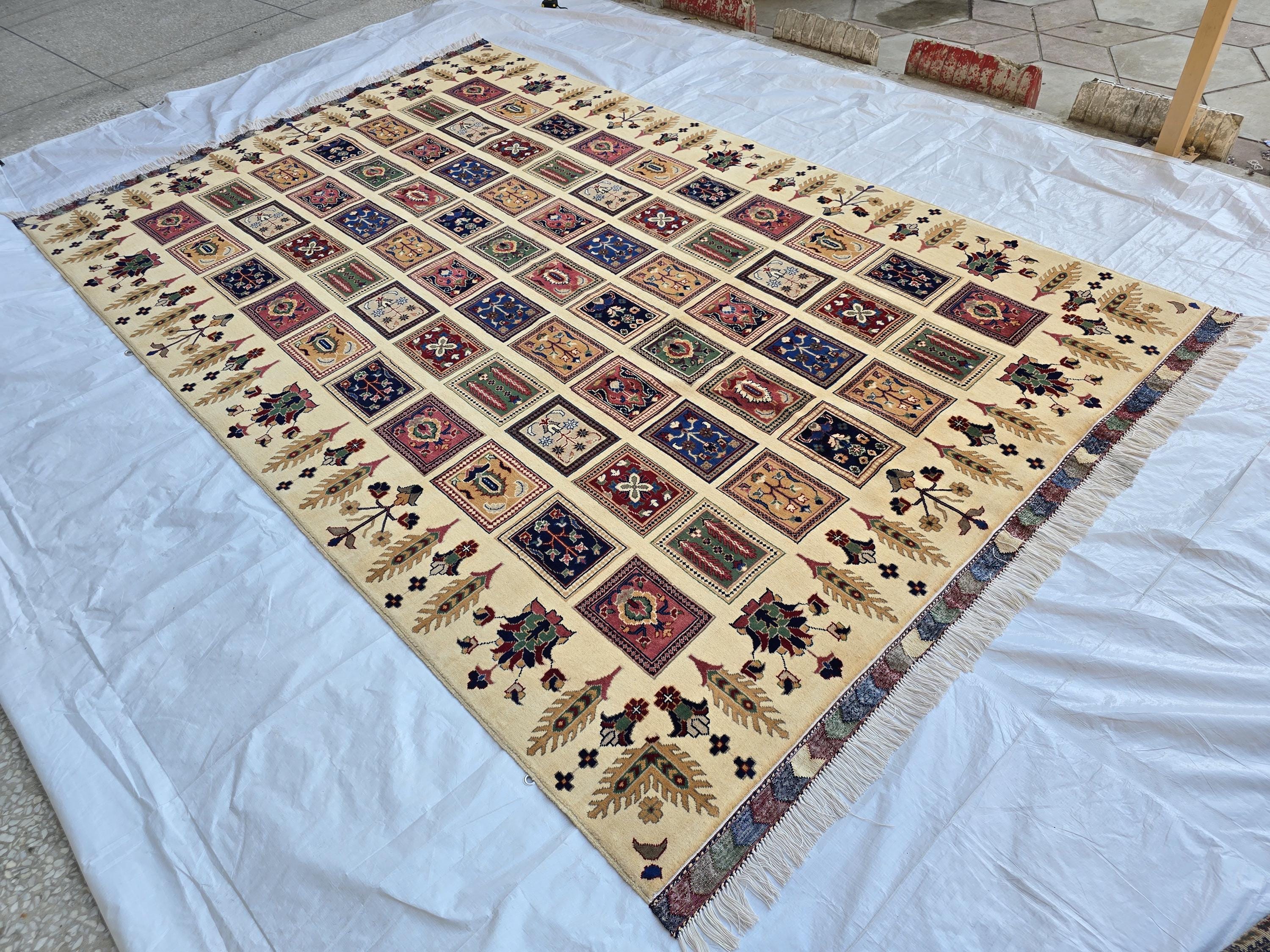 6x10 Modern Afghan Wool Rug – Ivory Cream Base with Multicolor Pattern –Turkmen Handmade Area Carpet– Living Room Decor, Bedroom Rug 318x200