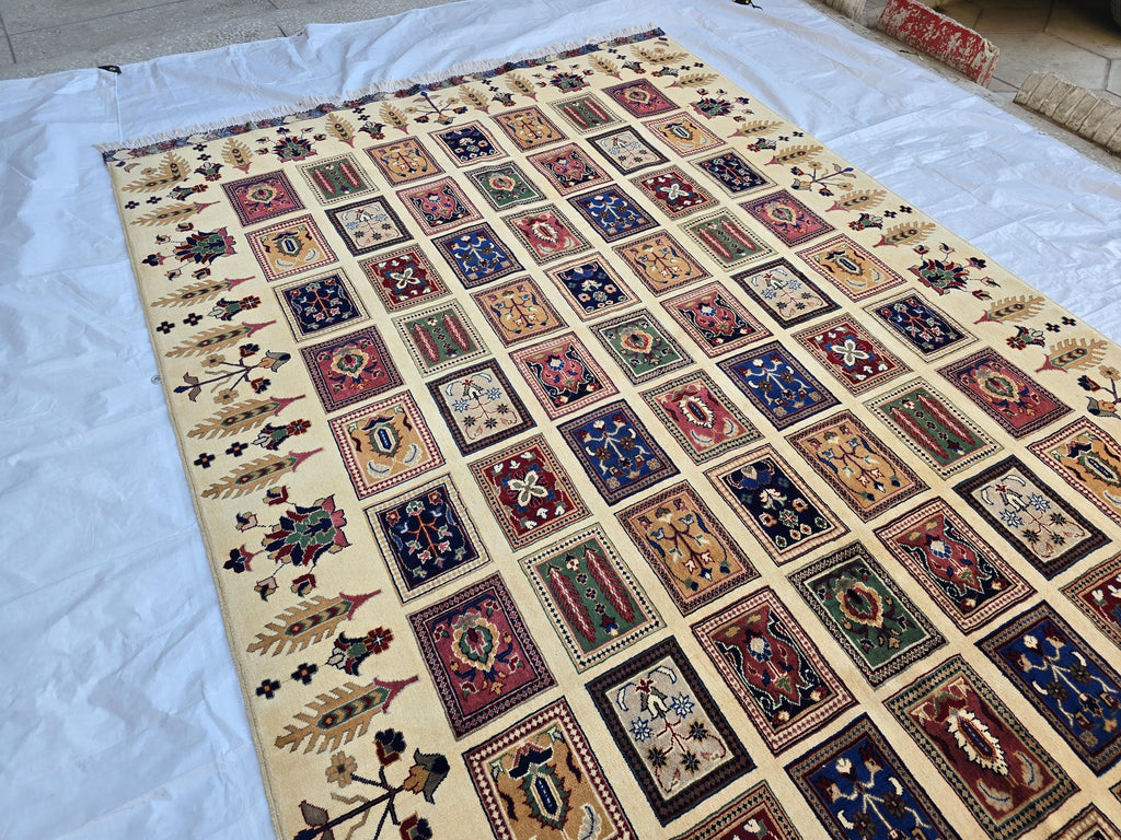 6x10 Modern Afghan Wool Rug – Ivory Cream Base with Multicolor Pattern ...