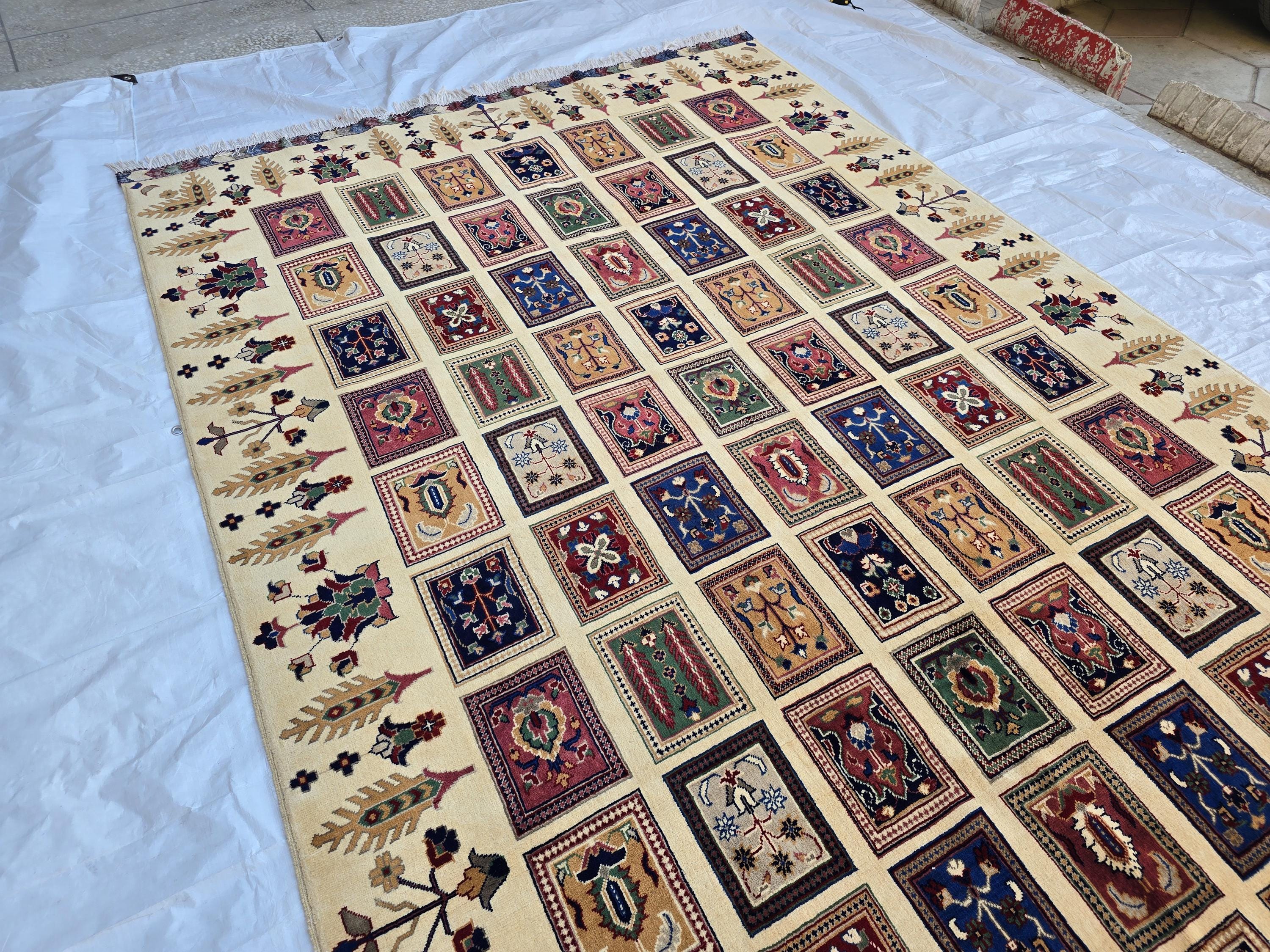 6x10 Modern Afghan Wool Rug – Ivory Cream Base with Multicolor Pattern –Turkmen Handmade Area Carpet– Living Room Decor, Bedroom Rug 318x200