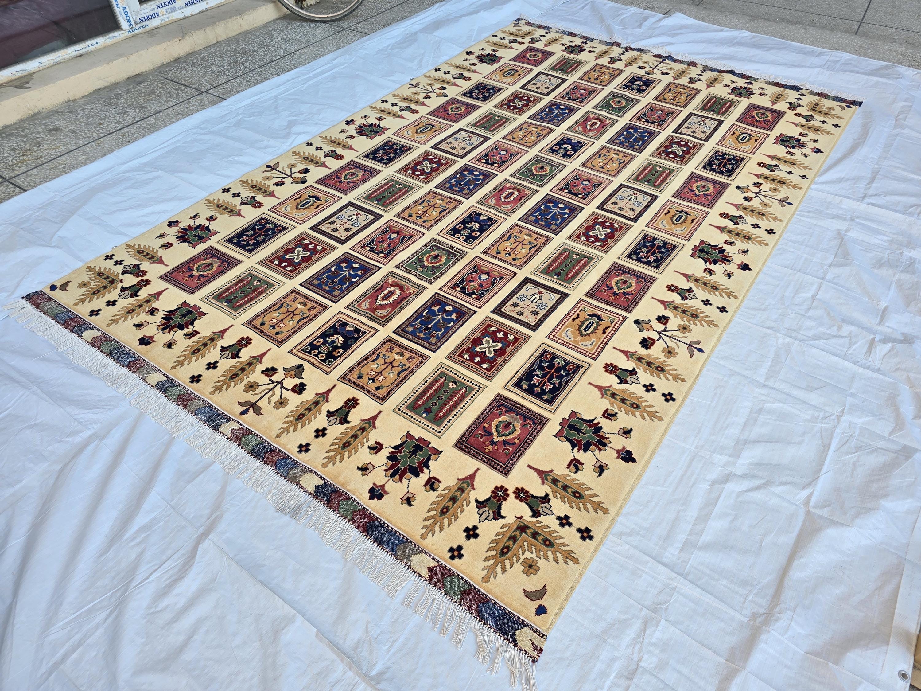 6x10 Modern Afghan Wool Rug – Ivory Cream Base with Multicolor Pattern –Turkmen Handmade Area Carpet– Living Room Decor, Bedroom Rug 318x200