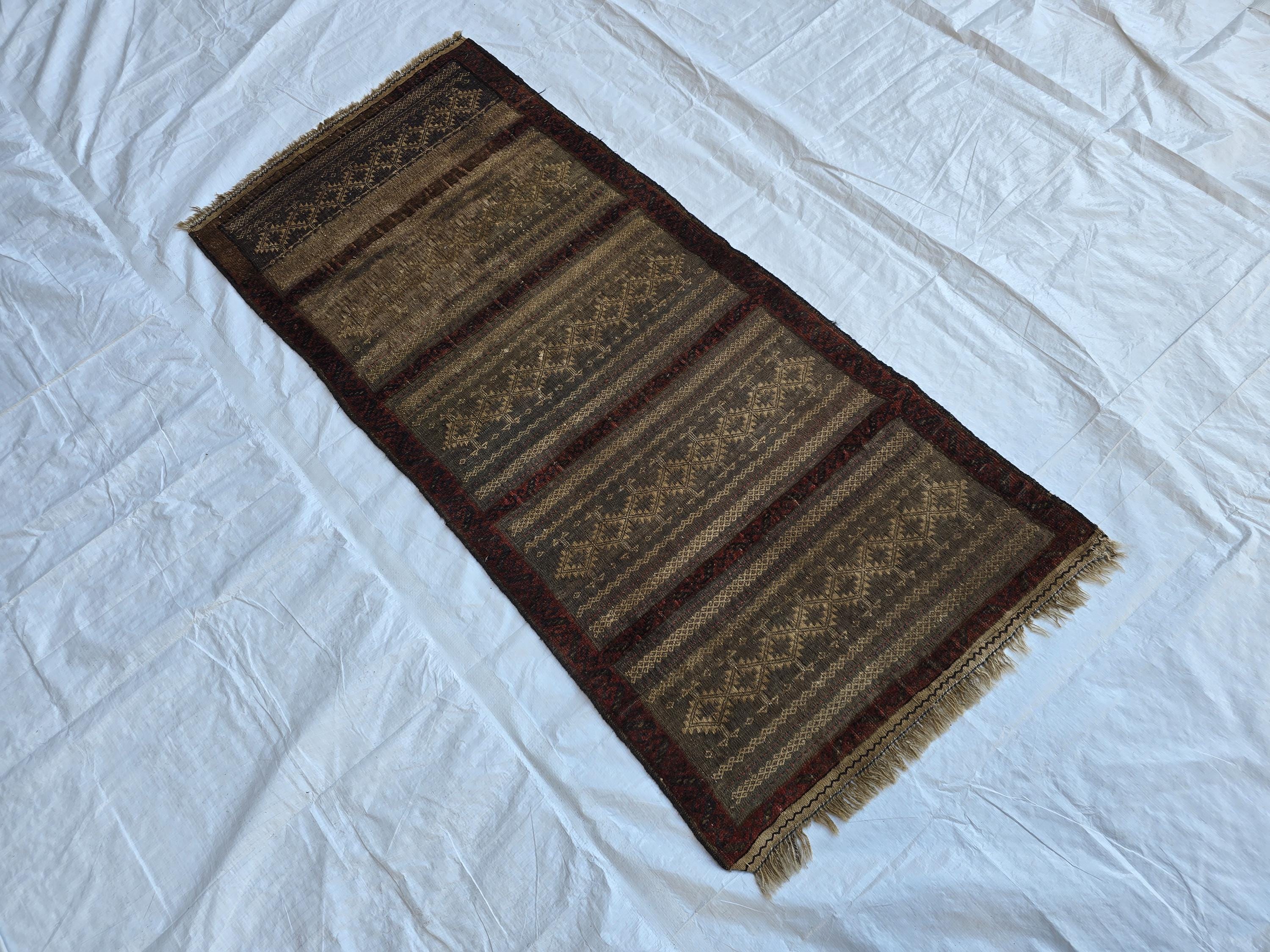 2x5 Vintage Afghan Handwoven Kilim, Turkmen Geometric Wool Rug, Antique Collectible Rare Piece, Early 20th Century Tribal Flatweave Kilim
