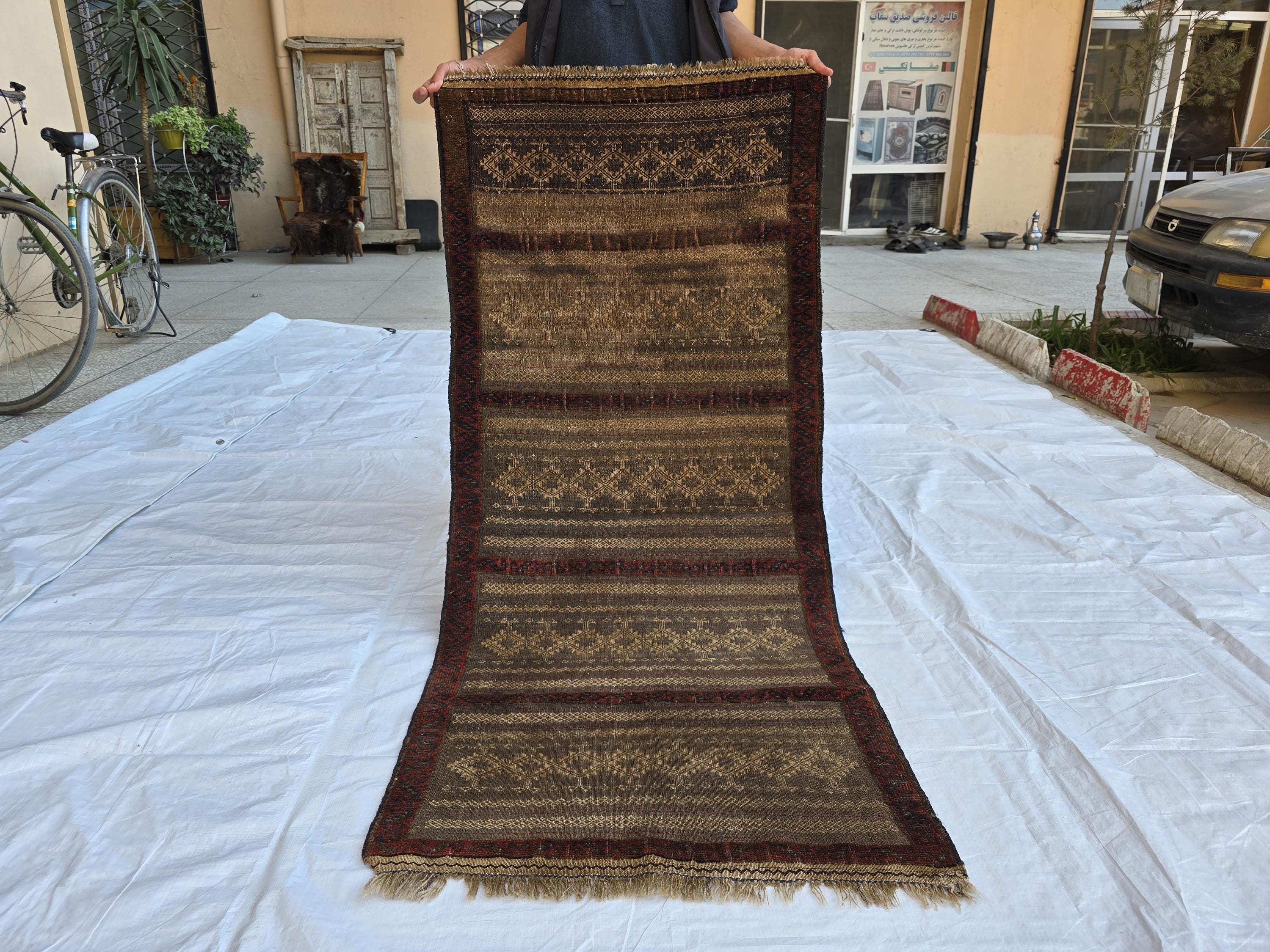 2x5 Vintage Afghan Handwoven Kilim, Turkmen Geometric Wool Rug, Antique Collectible Rare Piece, Early 20th Century Tribal Flatweave Kilim