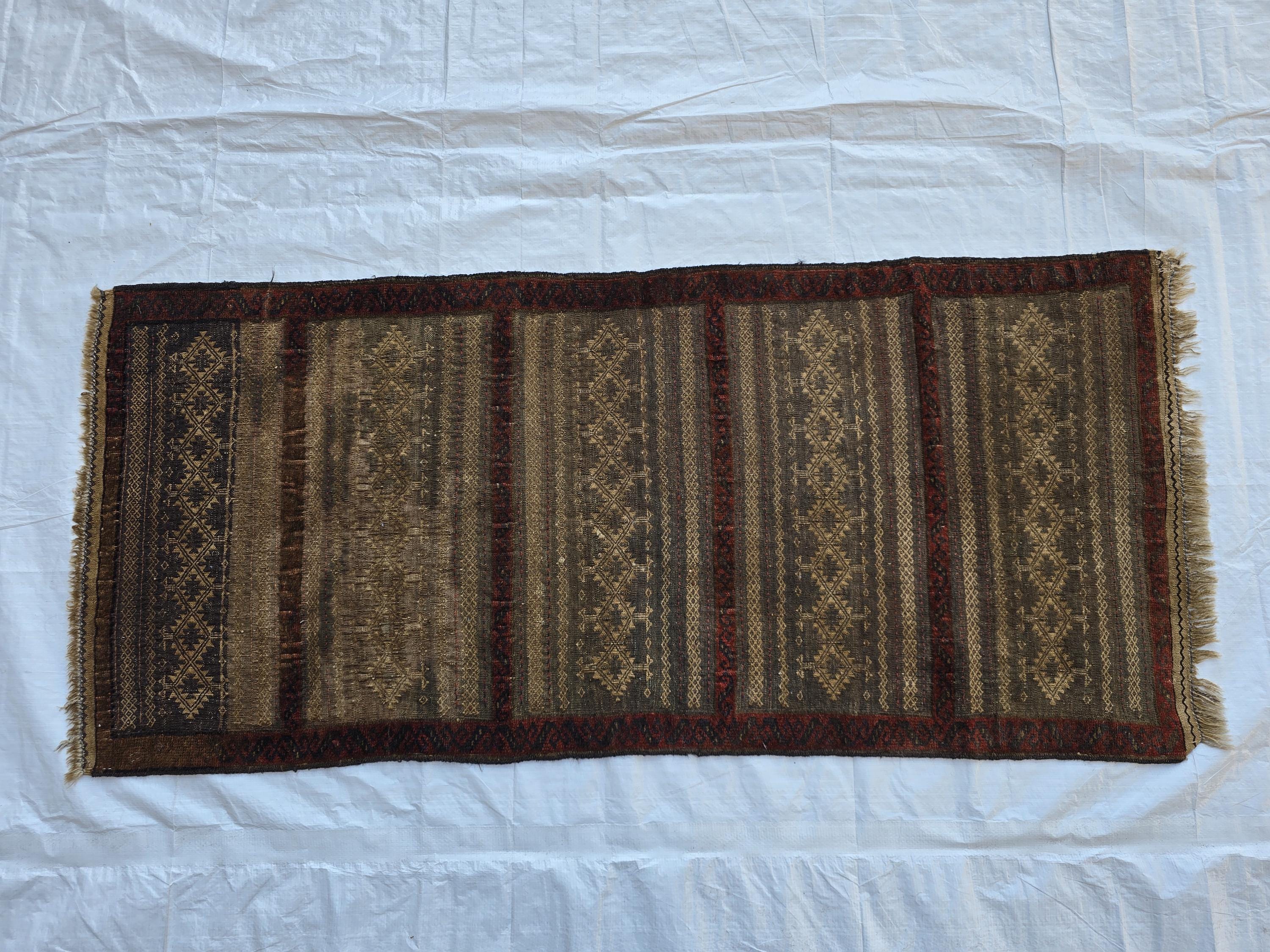 2x5 Vintage Afghan Handwoven Kilim, Turkmen Geometric Wool Rug, Antique Collectible Rare Piece, Early 20th Century Tribal Flatweave Kilim