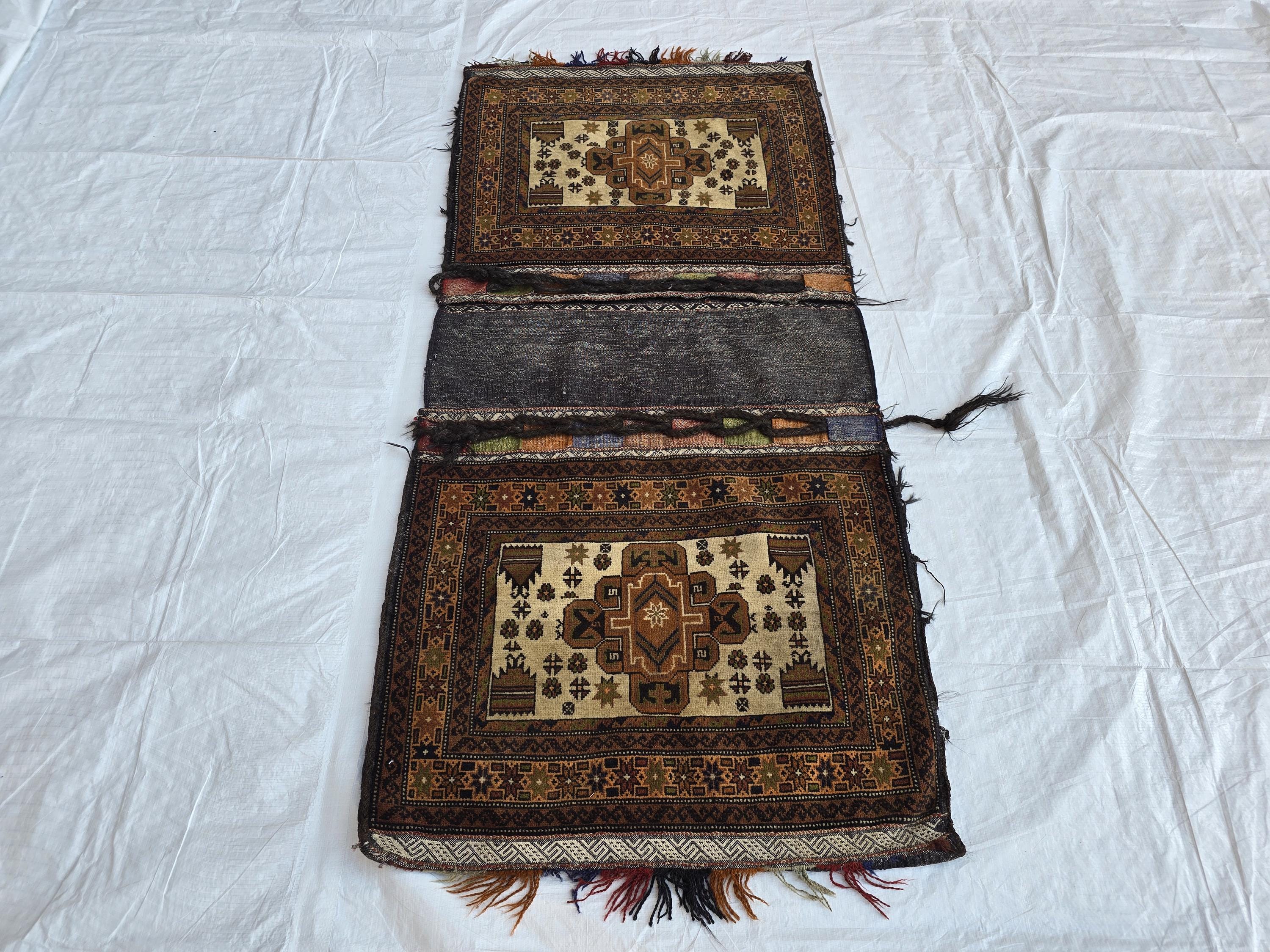 5x2 Vintage Afghan Saddlebag Handwoven Tribal Wool Bag – Nomadic Horse/Camel Bag – Boho Wall Hanging – Rustic Home Decor