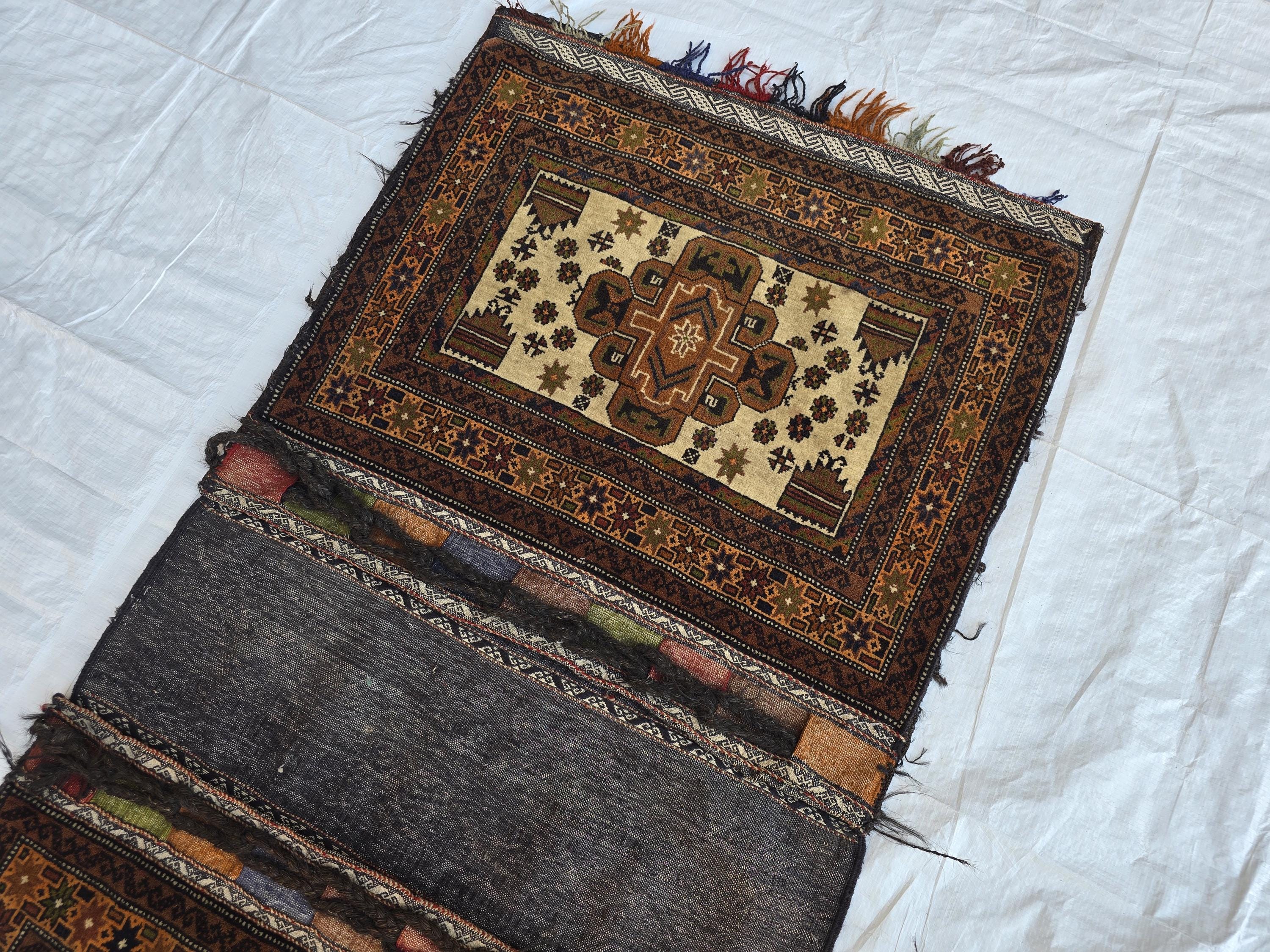 5x2 Vintage Afghan Saddlebag Handwoven Tribal Wool Bag – Nomadic Horse/Camel Bag – Boho Wall Hanging – Rustic Home Decor