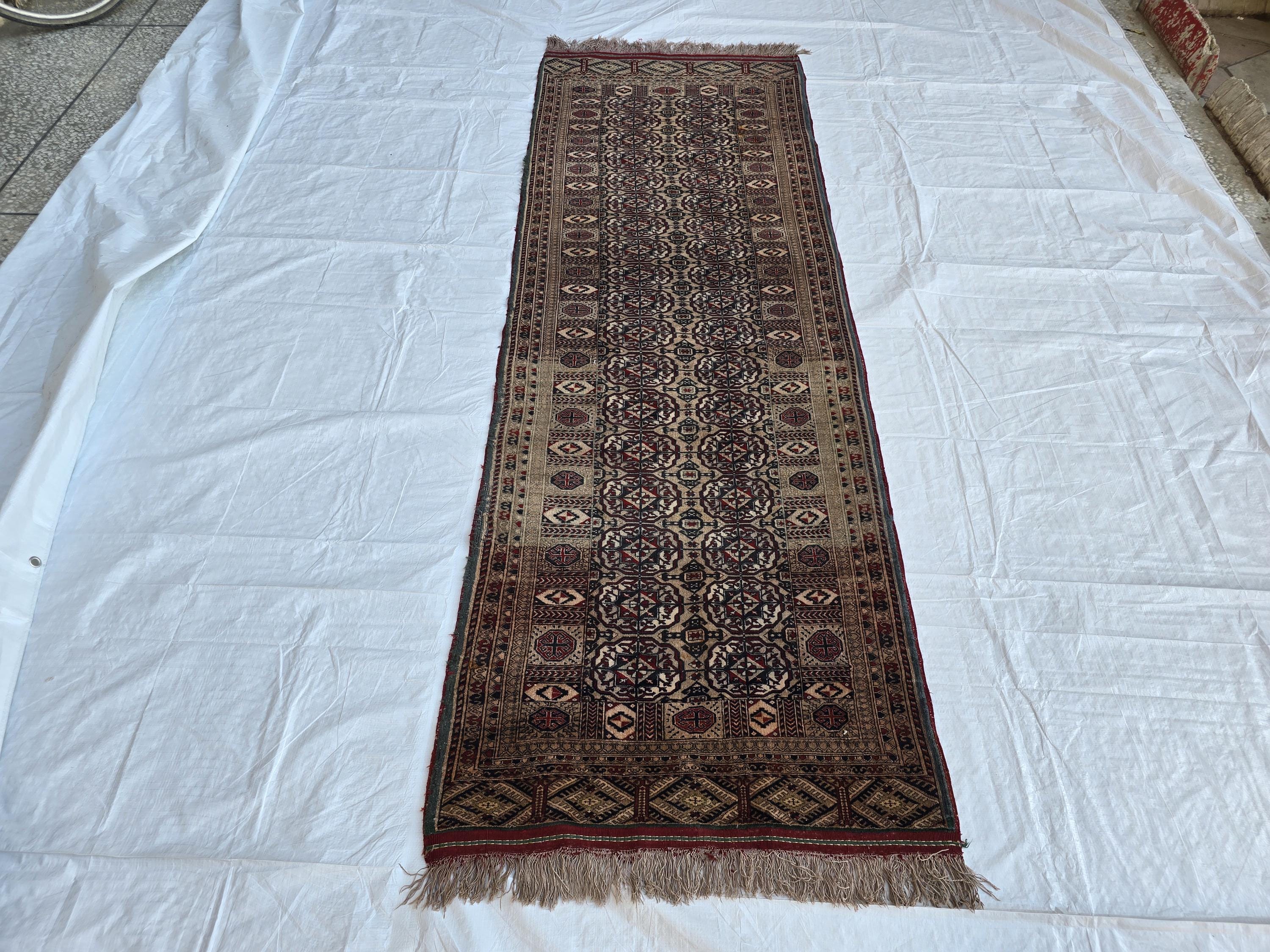 Collectible Oriental Antique Ahal Gul Runner Rug – 80 Year Old Handwoven Wool Rug – Tribal Turkmen Design – 1930s Vintage Hallway Runner 3x8