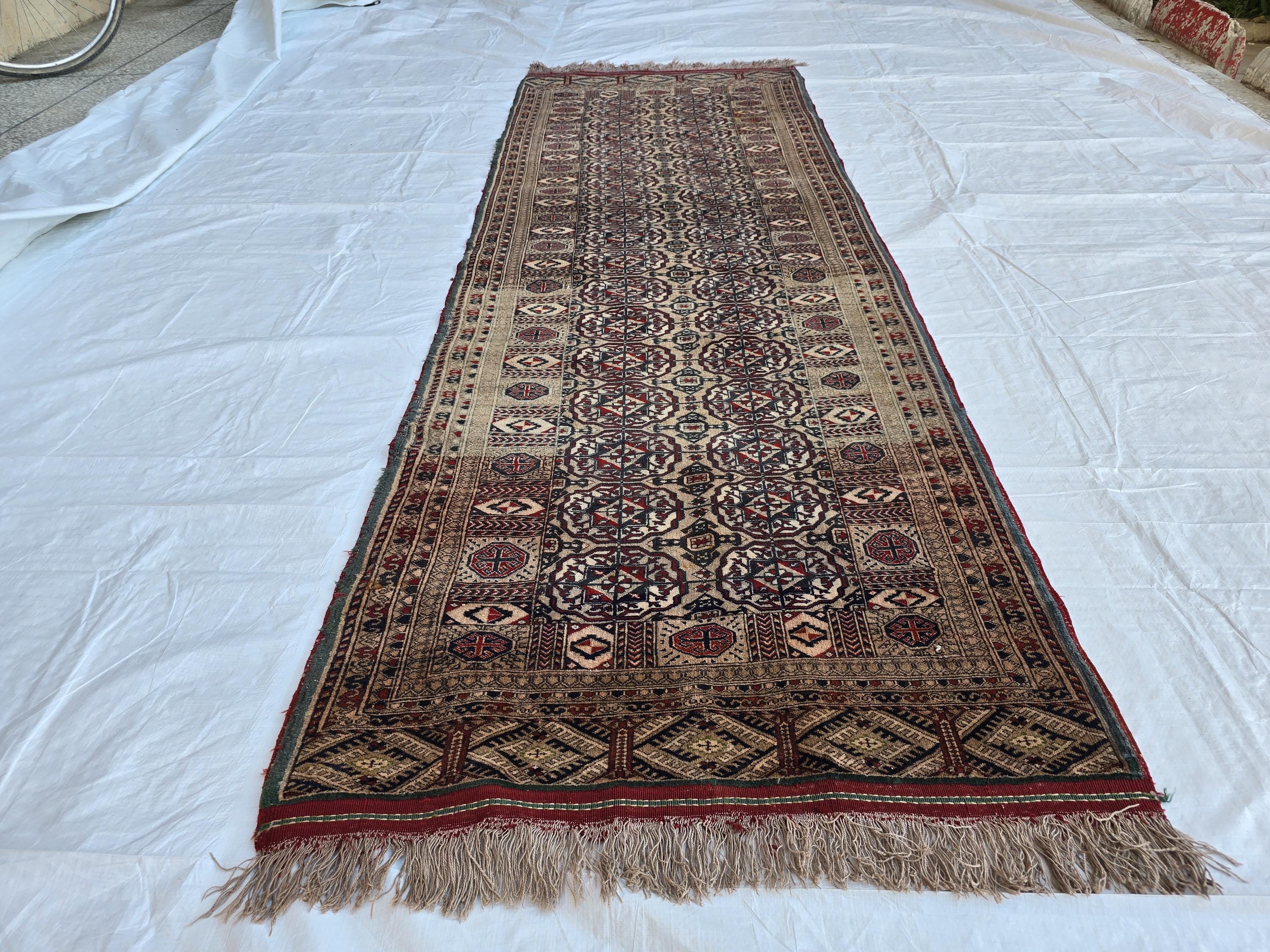 Collectible Oriental Antique Ahal Gul Runner Rug – 80 Year Old Handwoven Wool Rug – Tribal Turkmen Design – 1930s Vintage Hallway Runner 3x8