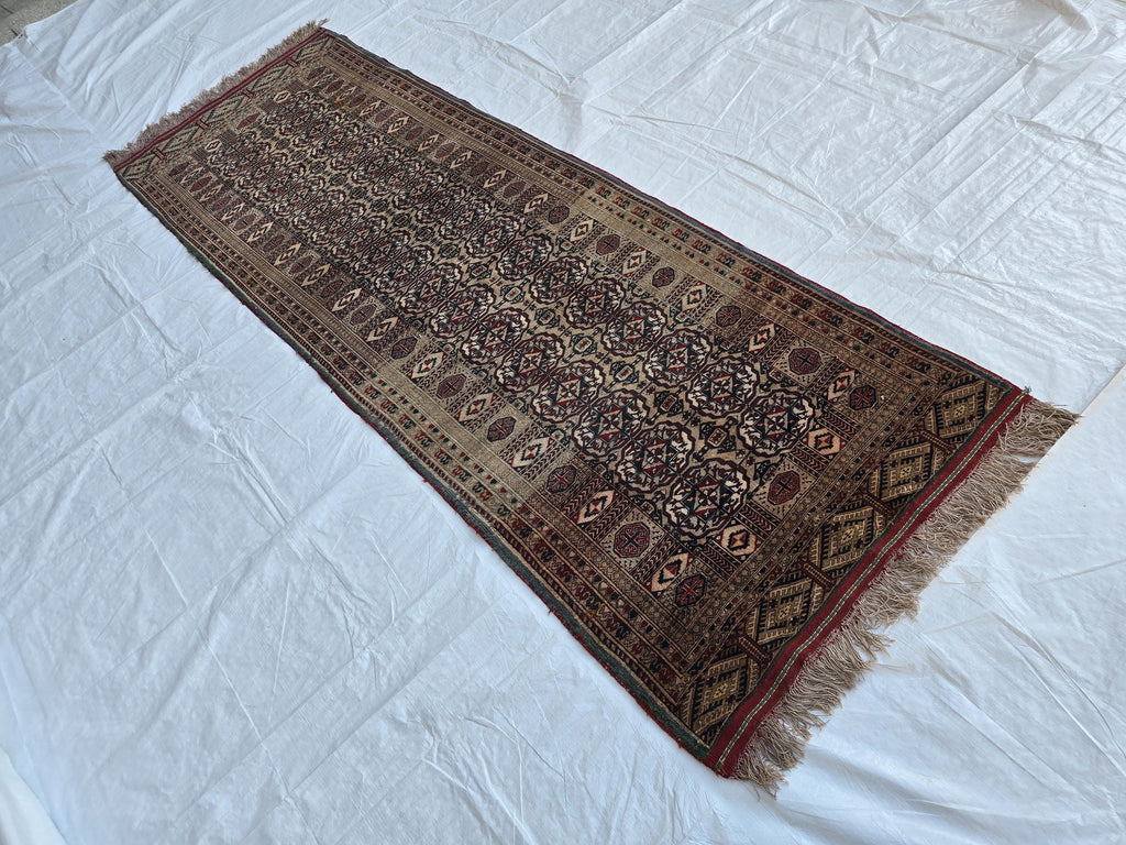 Collectible Oriental Antique Ahal Gul Runner Rug – 80 Year Old Handwoven Wool Rug – Tribal Turkmen Design – 1930s Vintage Hallway Runner 3x8