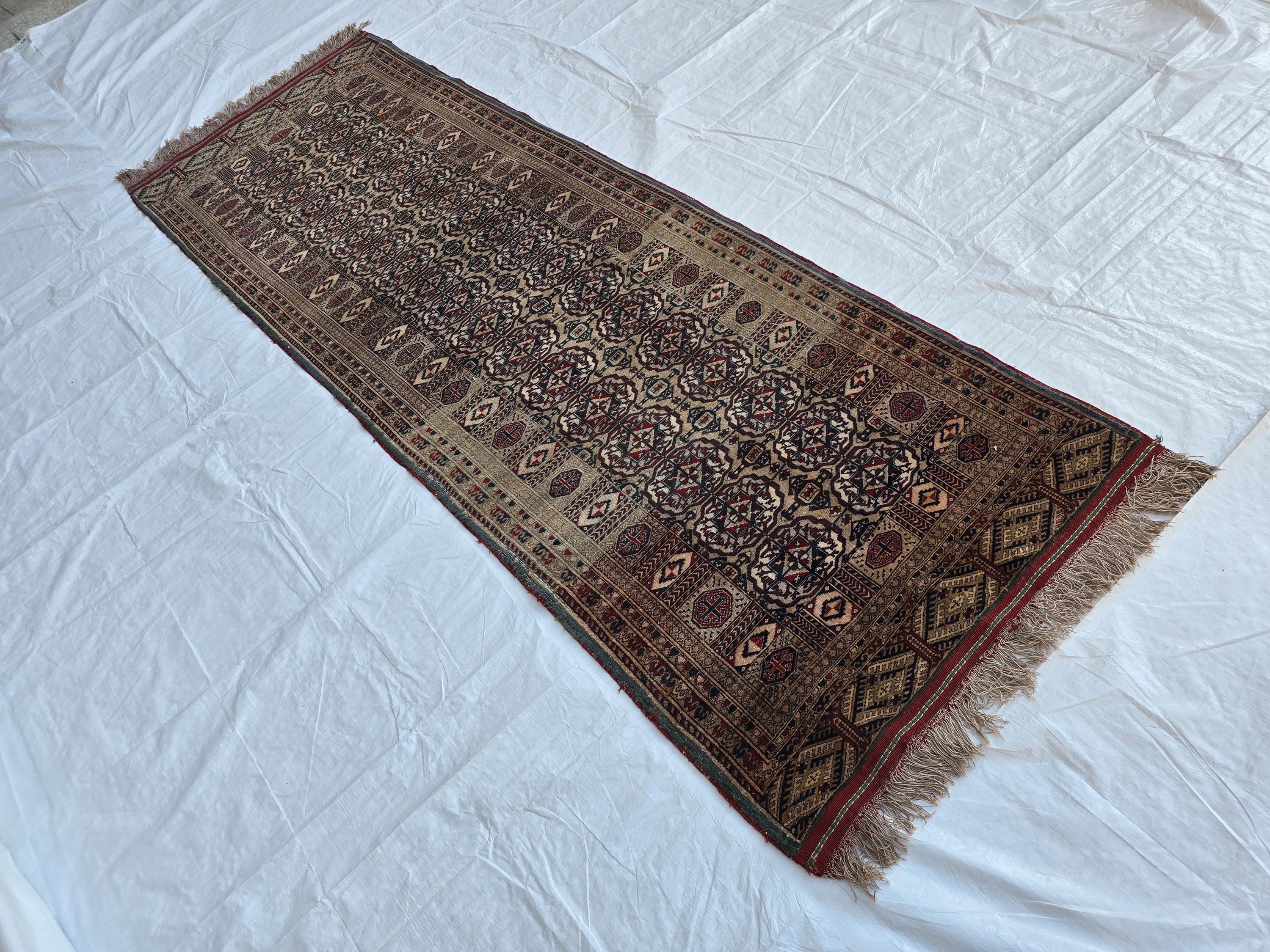 Collectible Oriental Antique Ahal Gul Runner Rug – 80 Year Old Handwoven Wool Rug – Tribal Turkmen Design – 1930s Vintage Hallway Runner 3x8