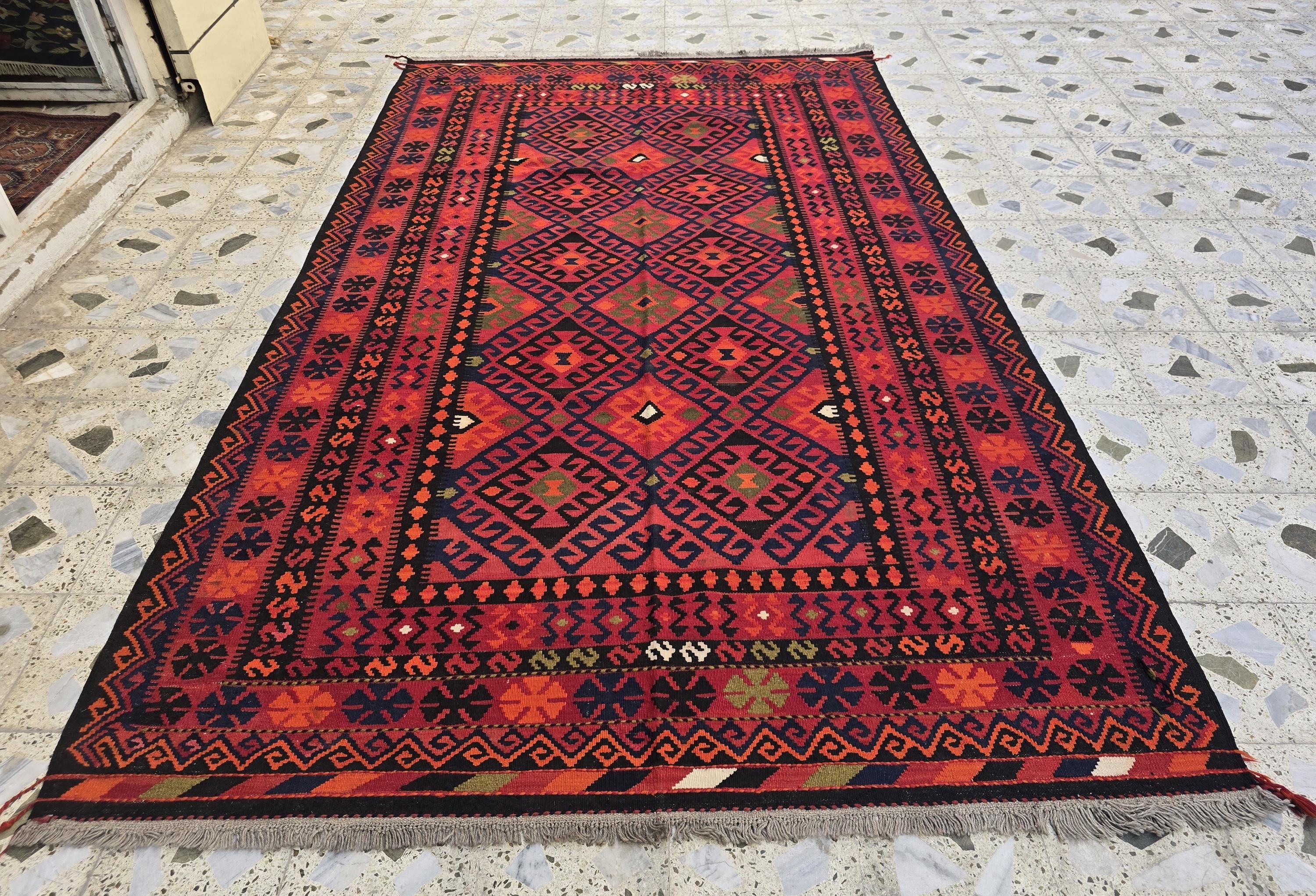 Red Kilim Rug 7x10ft – Vintage Handwoven Collectible | Boho Tribal Decor, Flatweave Area Rug, Functional & Decorative Piece, Living Room Rug