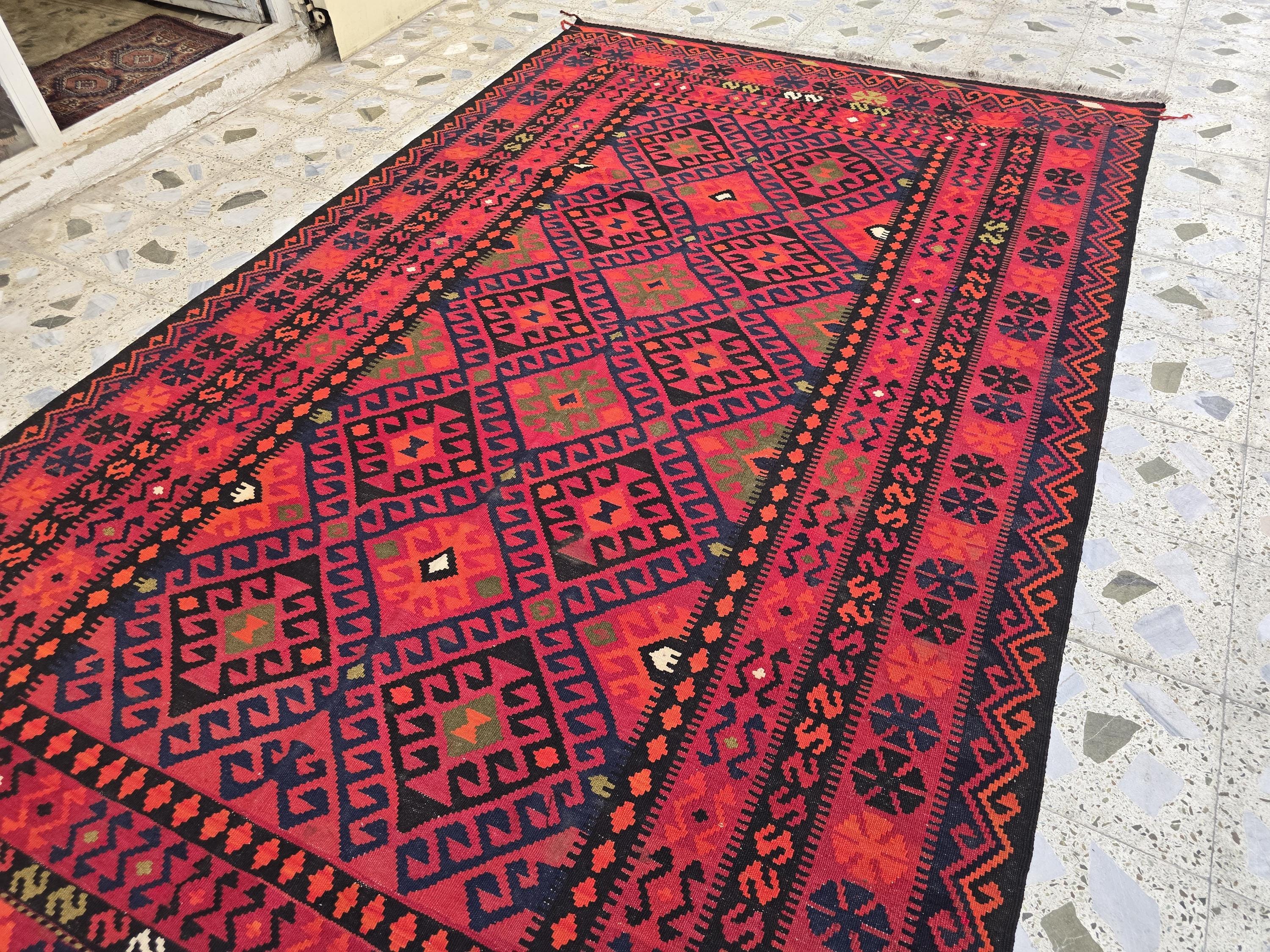 Red Kilim Rug 7x10ft – Vintage Handwoven Collectible | Boho Tribal Decor, Flatweave Area Rug, Functional & Decorative Piece, Living Room Rug
