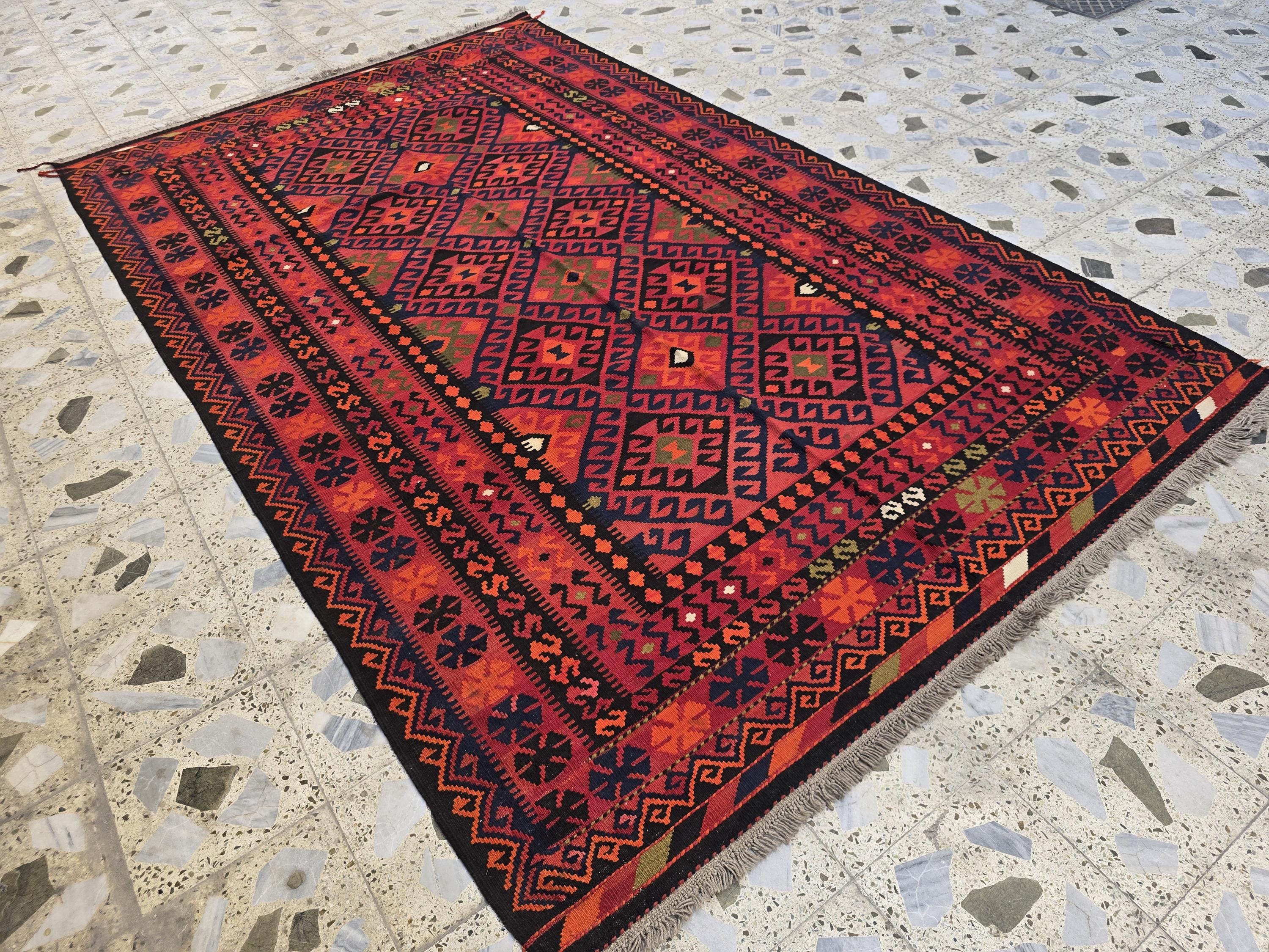 Red Kilim Rug 7x10ft – Vintage Handwoven Collectible | Boho Tribal Decor, Flatweave Area Rug, Functional & Decorative Piece, Living Room Rug