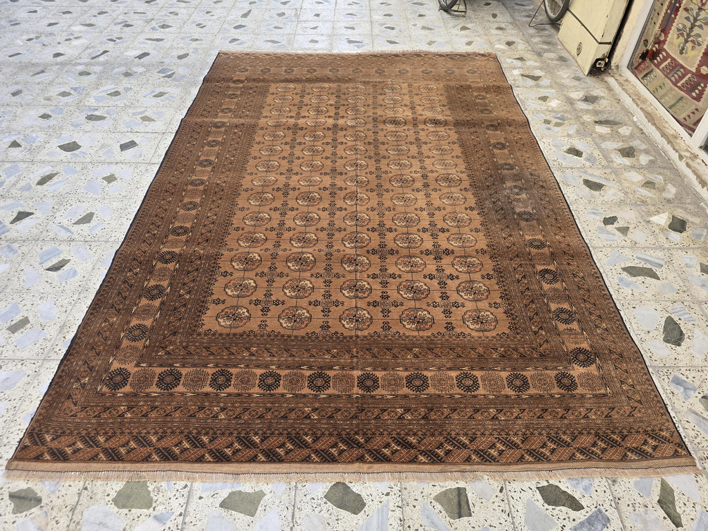 Antique Ahal Gul Rug 7x10ft – 70-Year-Old Collectible Turkoman Carpet | Rich Brown Tones, Tribal Geometric Design, Functional & Decorative