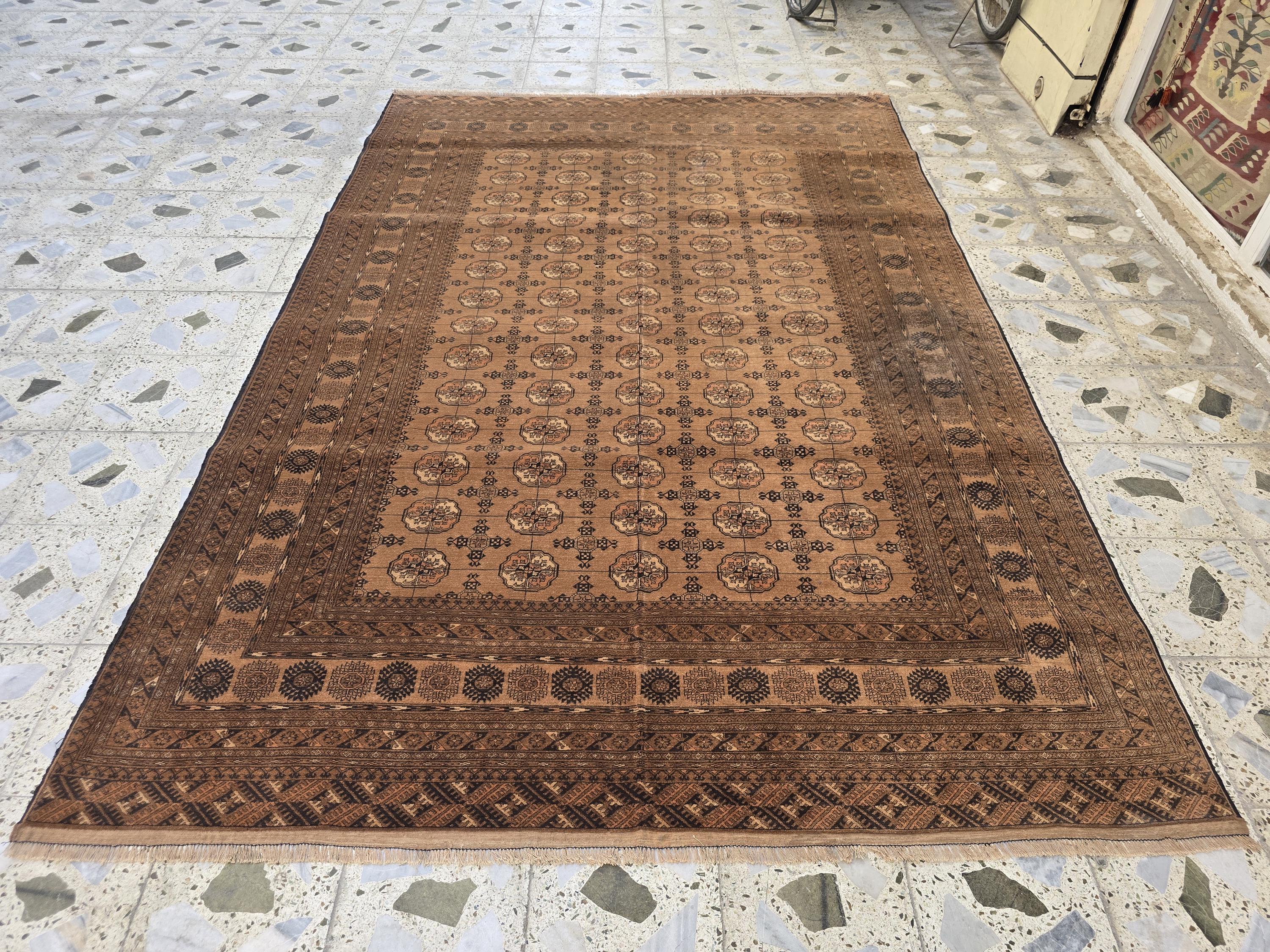 Antique Ahal Gul Rug 7x10ft – 70-Year-Old Collectible Turkoman Carpet | Rich Brown Tones, Tribal Geometric Design, Functional & Decorative