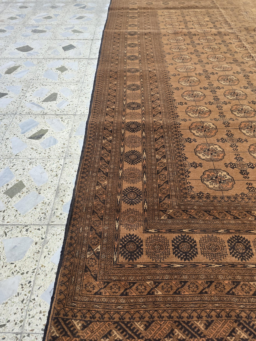 Antique Ahal Gul Rug 7x10ft – 70-Year-Old Collectible Turkoman Carpet | Rich Brown Tones, Tribal Geometric Design, Functional & Decorative
