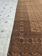 Antique Ahal Gul Rug 7x10ft – 70-Year-Old Collectible Turkoman Carpet | Rich Brown Tones, Tribal Geometric Design, Functional & Decorative