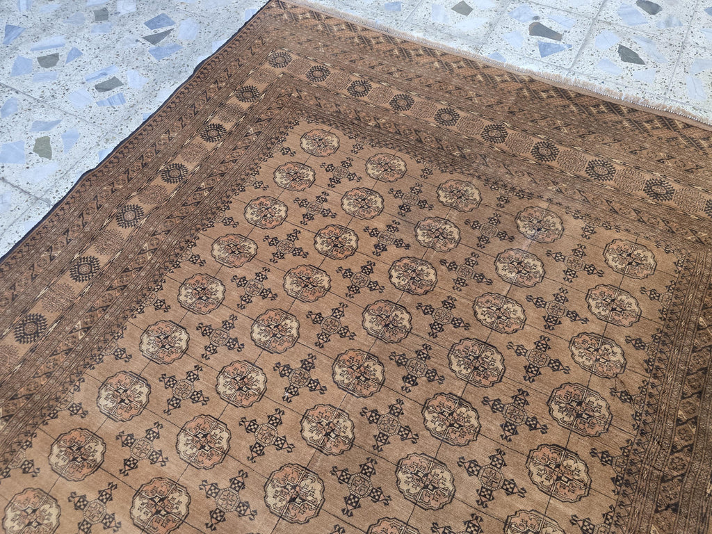 Antique Ahal Gul Rug 7x10ft – 70-Year-Old Collectible Turkoman Carpet | Rich Brown Tones, Tribal Geometric Design, Functional & Decorative