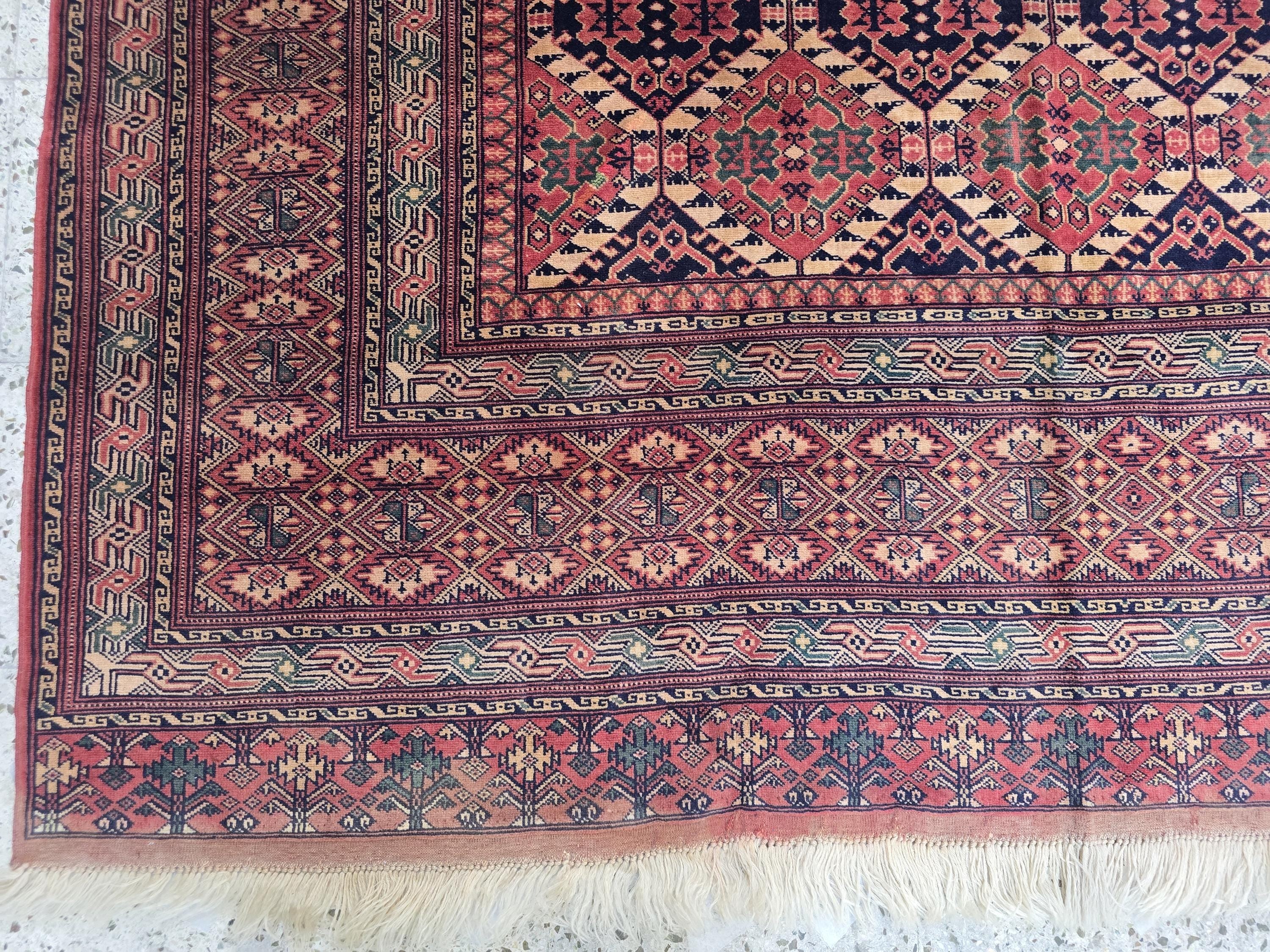 Vintage Turkoman Rug 10.1x6.4ft – Handwoven Wool Red & Black Geometric Rug | Large Tribal Afghan Carpet, Collectible Decorative Area Rug
