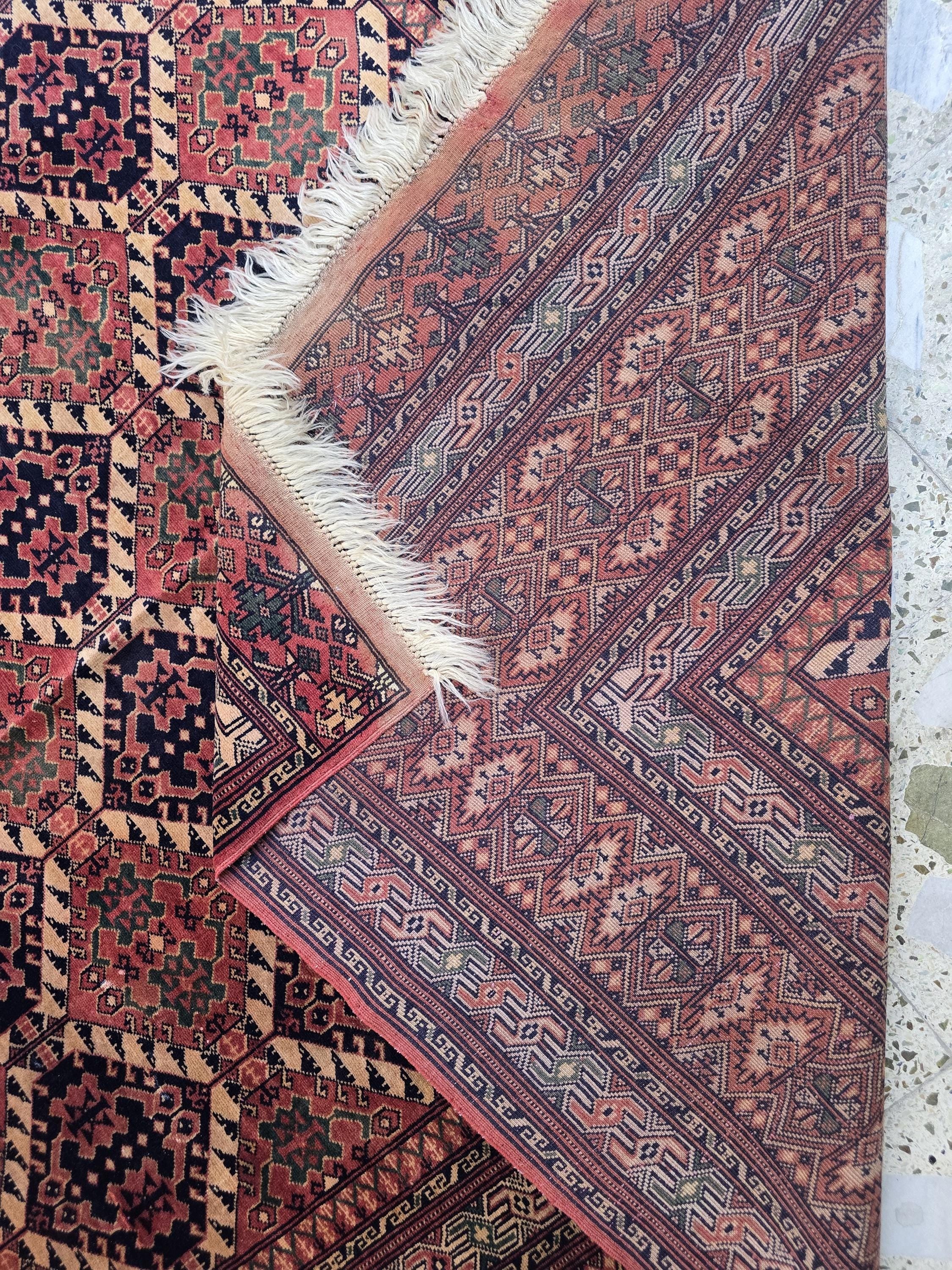 Vintage Turkoman Rug 10.1x6.4ft – Handwoven Wool Red & Black Geometric Rug | Large Tribal Afghan Carpet, Collectible Decorative Area Rug