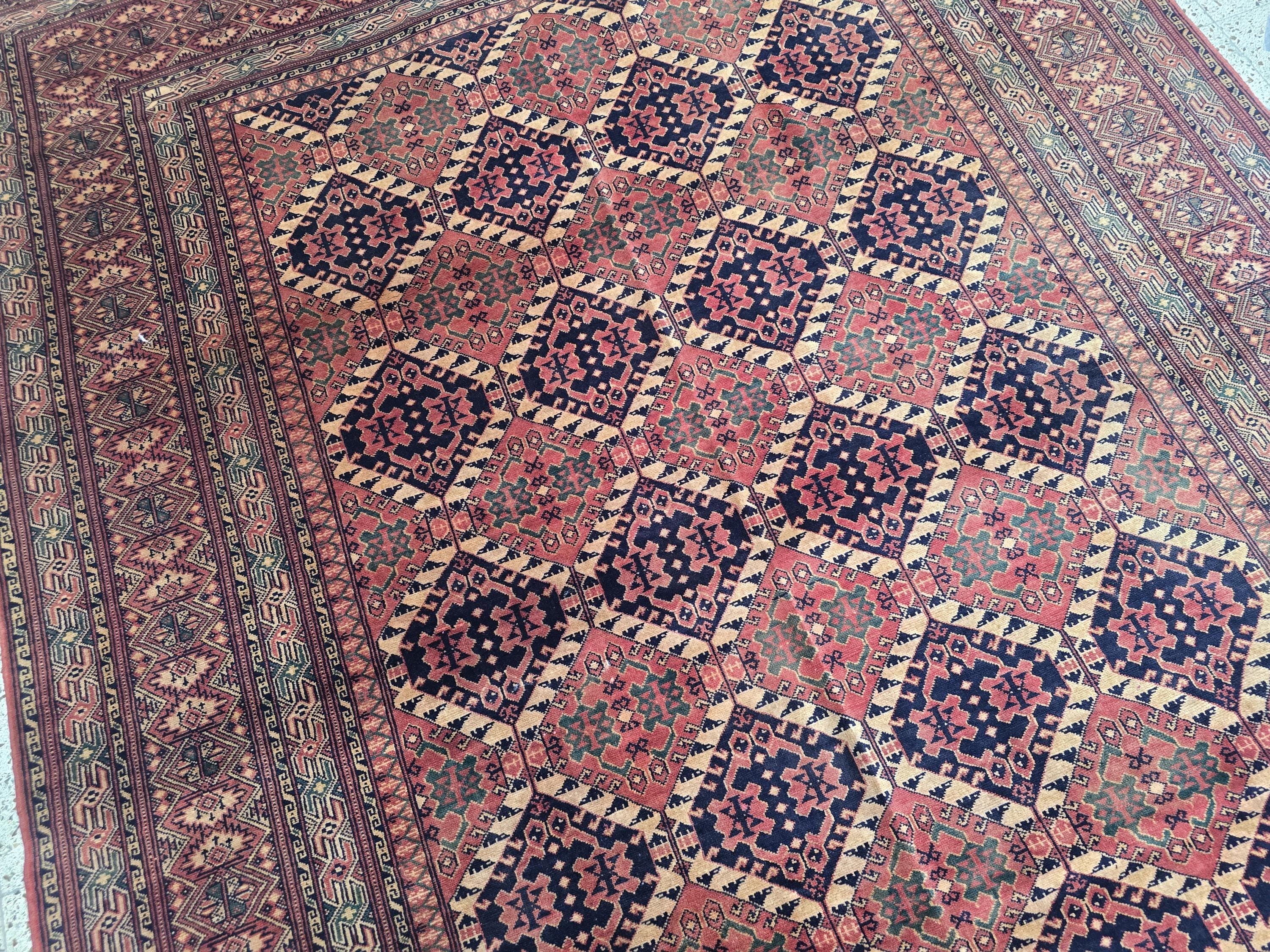 Vintage Turkoman Rug 10.1x6.4ft – Handwoven Wool Red & Black Geometric Rug | Large Tribal Afghan Carpet, Collectible Decorative Area Rug