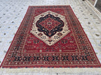 Heriz Rug 7x10ft – Persian Area Rug – Turkmen Large Tribal Rug – Red Black Geometric Carpet – Oriental Wool Rug – Boho Living Room Decor