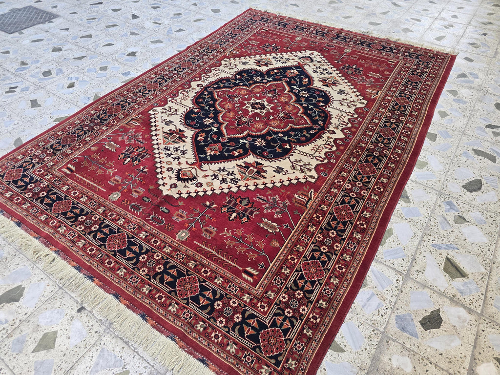 Heriz Rug 7x10ft – Persian Area Rug – Turkmen Large Tribal Rug – Red Black Geometric Carpet – Oriental Wool Rug – Boho Living Room Decor