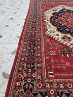 Heriz Rug 7x10ft – Persian Area Rug – Turkmen Large Tribal Rug – Red Black Geometric Carpet – Oriental Wool Rug – Boho Living Room Decor