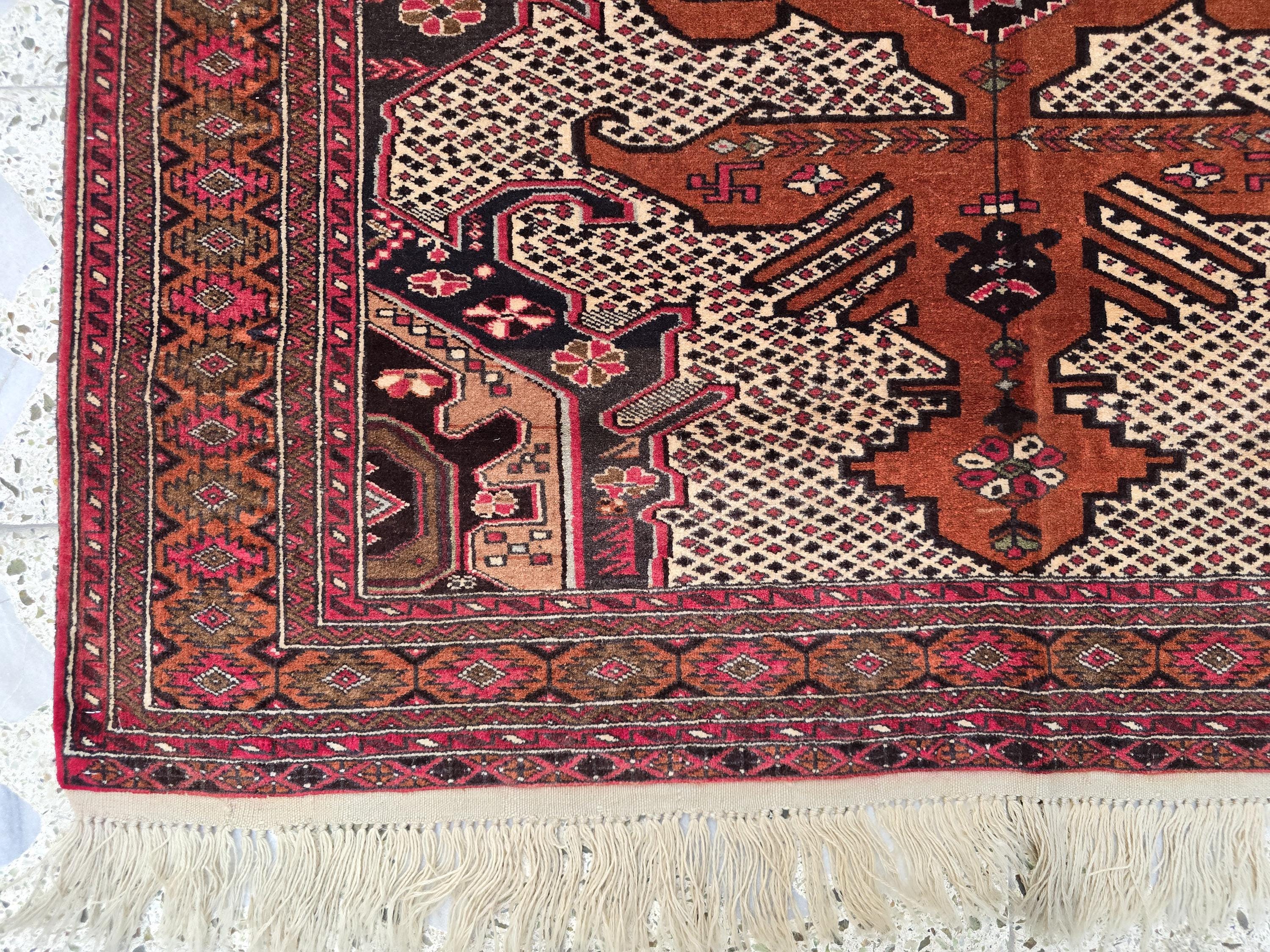 4x5 Vintage Square Handwoven Rug. Turkmen Wool Area Rug, Geometric Tribal Pattern, Perfect for Living Room, Bedroom, Dining Table Rug