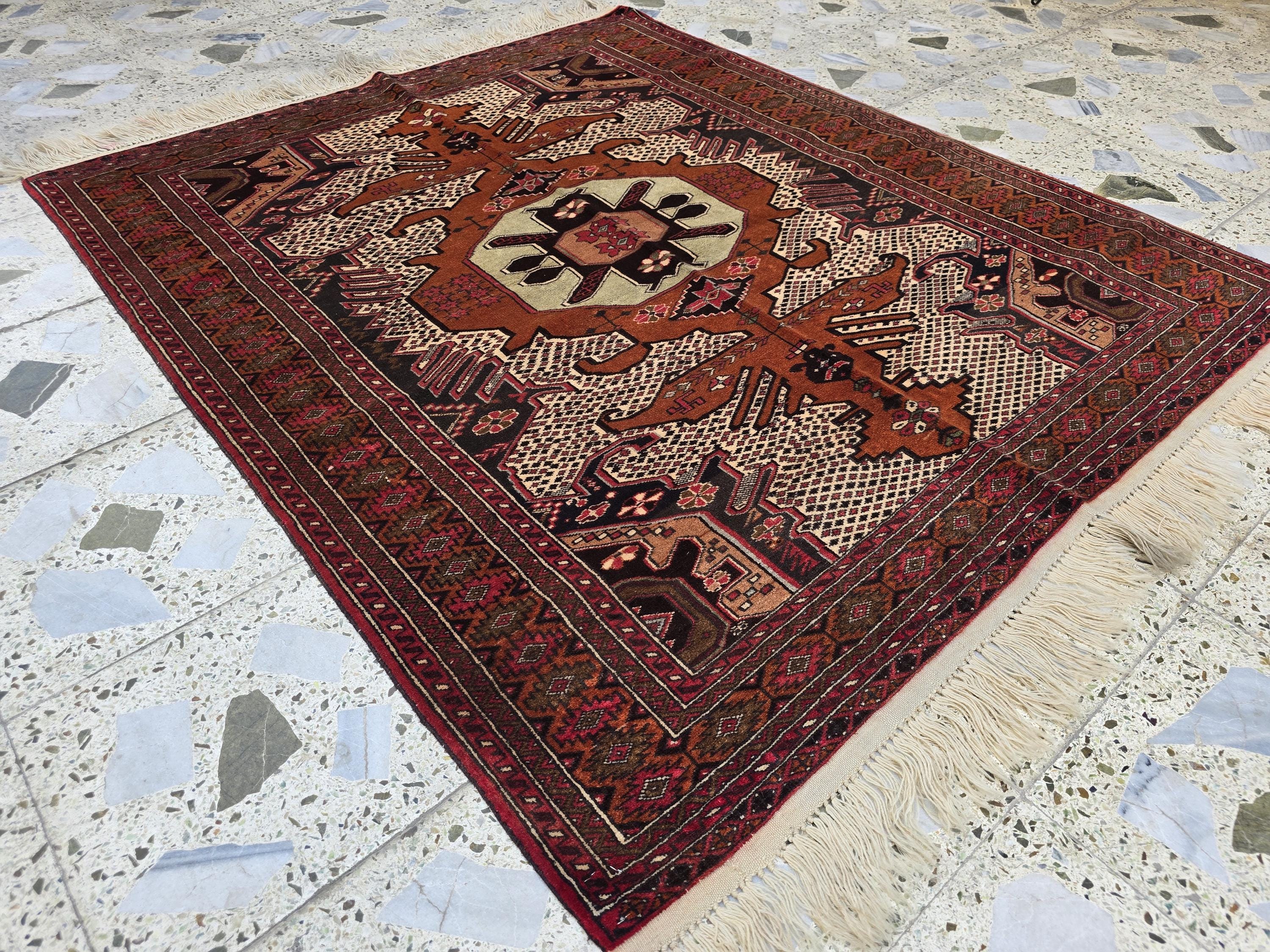 4x5 Vintage Square Handwoven Rug. Turkmen Wool Area Rug, Geometric Tribal Pattern, Perfect for Living Room, Bedroom, Dining Table Rug