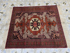 4x5 Vintage Square Handwoven Rug. Turkmen Wool Area Rug, Geometric Tribal Pattern, Perfect for Living Room, Bedroom, Dining Table Rug