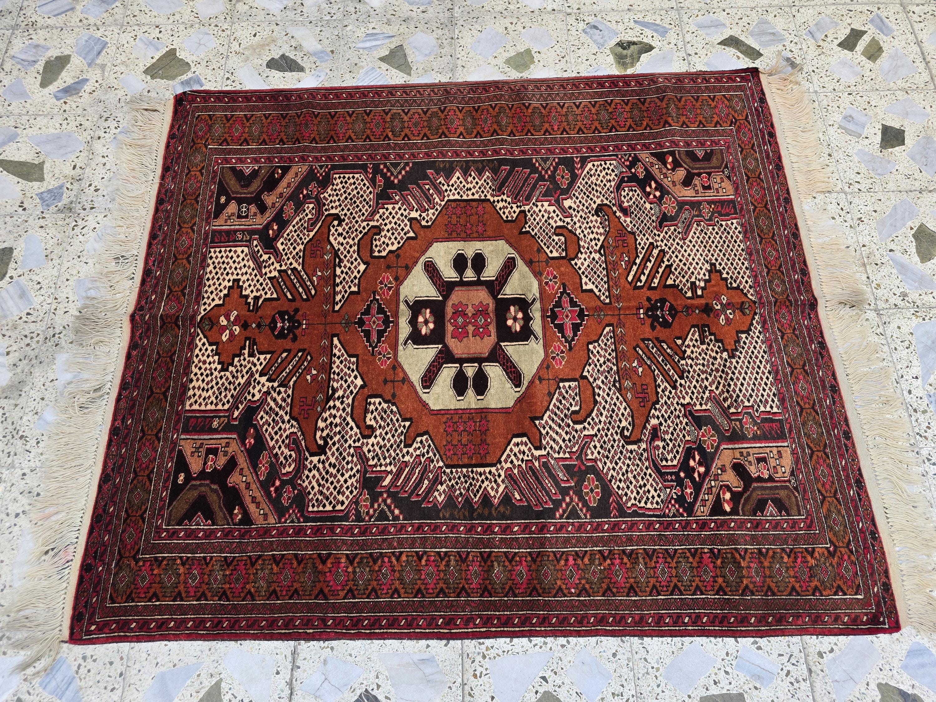 4x5 Vintage Square Handwoven Rug. Turkmen Wool Area Rug, Geometric Tribal Pattern, Perfect for Living Room, Bedroom, Dining Table Rug