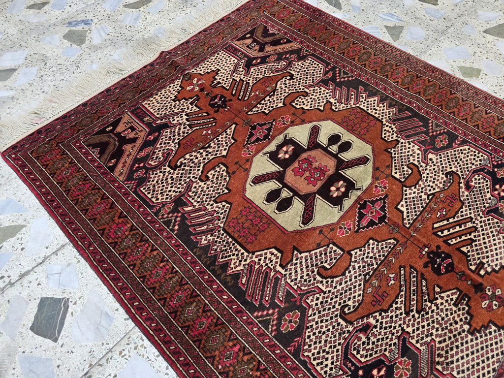 4x5 Vintage Square Handwoven Rug. Turkmen Wool Area Rug, Geometric Tribal Pattern, Perfect for Living Room, Bedroom, Dining Table Rug