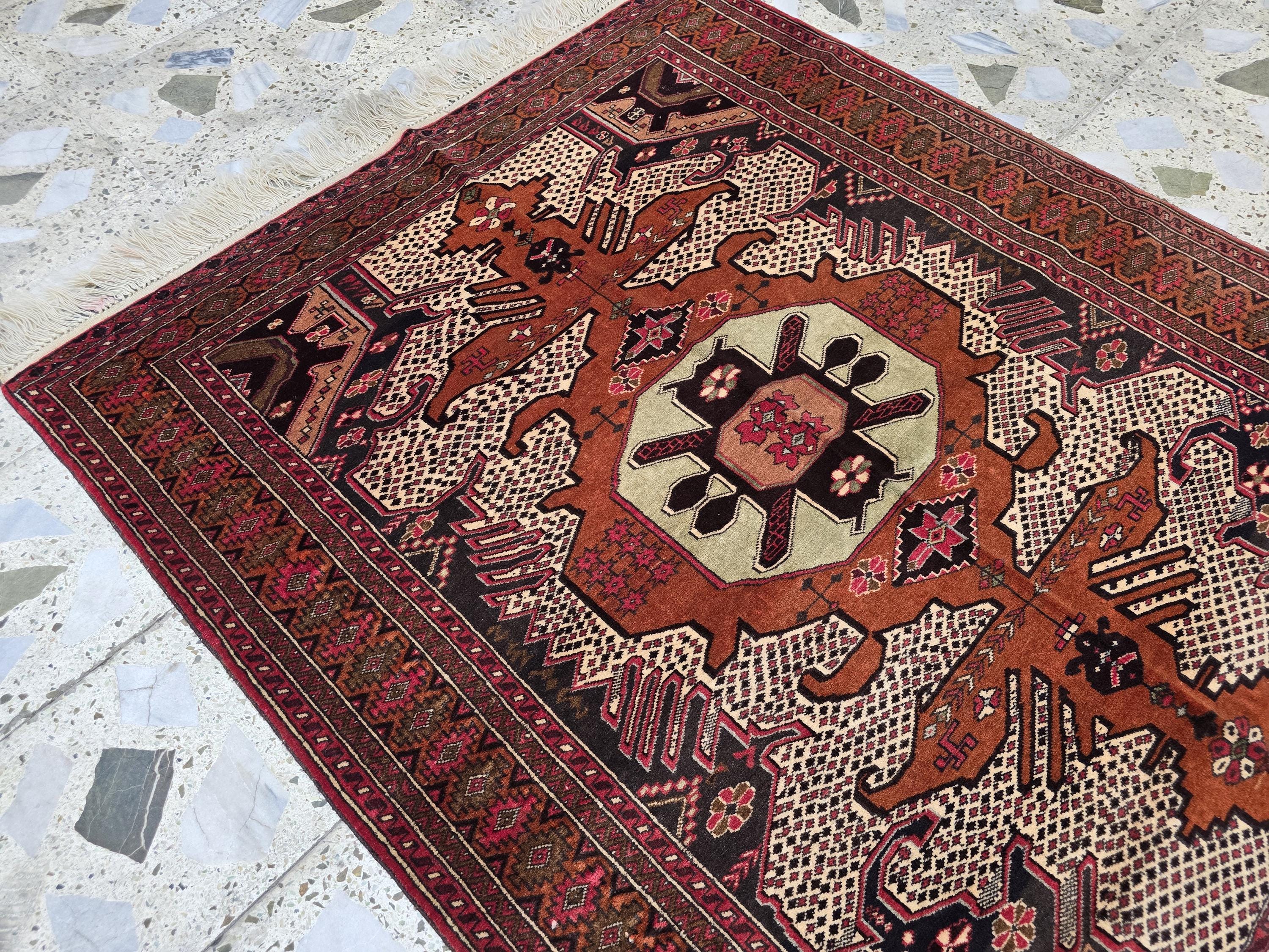 4x5 Vintage Square Handwoven Rug. Turkmen Wool Area Rug, Geometric Tribal Pattern, Perfect for Living Room, Bedroom, Dining Table Rug