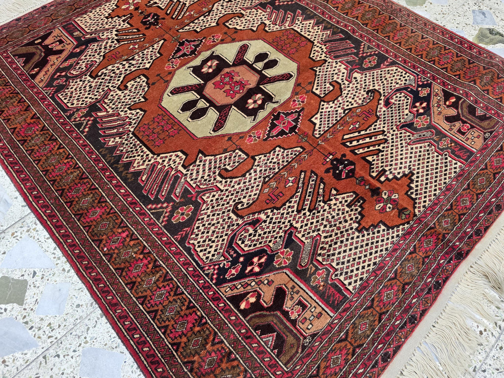 4x5 Vintage Square Handwoven Rug. Turkmen Wool Area Rug, Geometric Tribal Pattern, Perfect for Living Room, Bedroom, Dining Table Rug