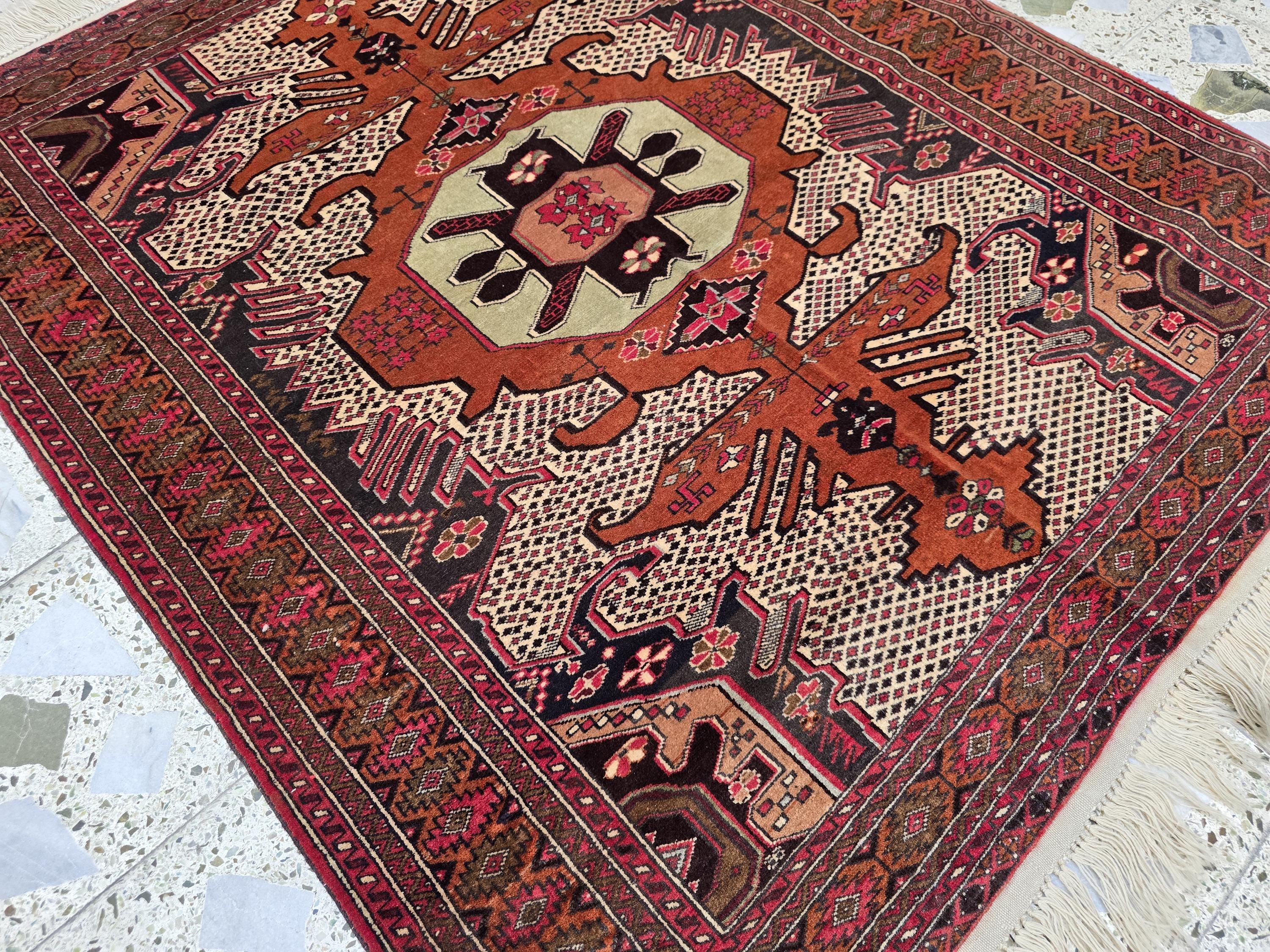 4x5 Vintage Square Handwoven Rug. Turkmen Wool Area Rug, Geometric Tribal Pattern, Perfect for Living Room, Bedroom, Dining Table Rug
