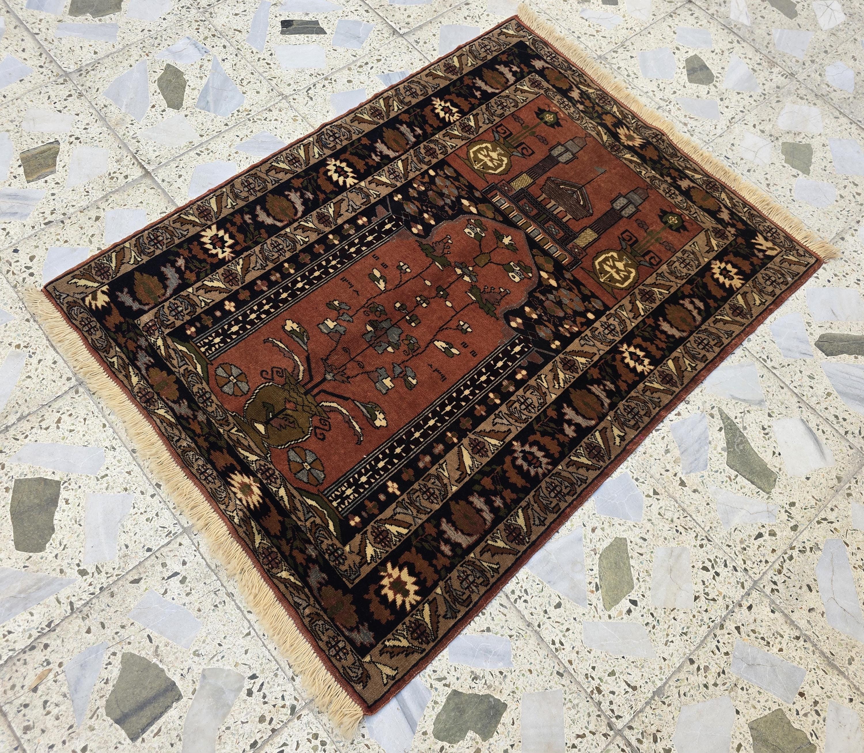 Handwoven Prayer Mat 3.6x2.6ft, Turkmen Wool Handmade Rugs, Wall Hanging Rug, Collectible Afghan Rug