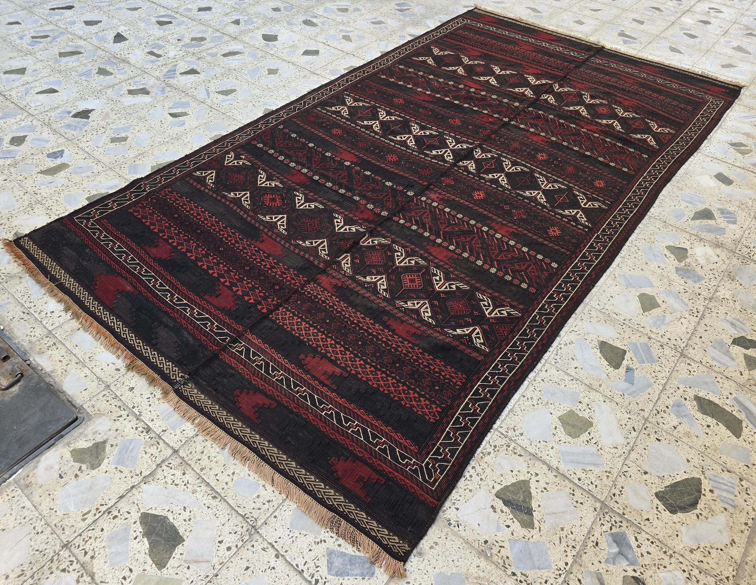5x10ft Vintage Large Afghan Kilim Rug – Handwoven Tribal Red & Black Wool Flatweave – Boho Living Room, Office, or Area Decor Rug 306x161 cm