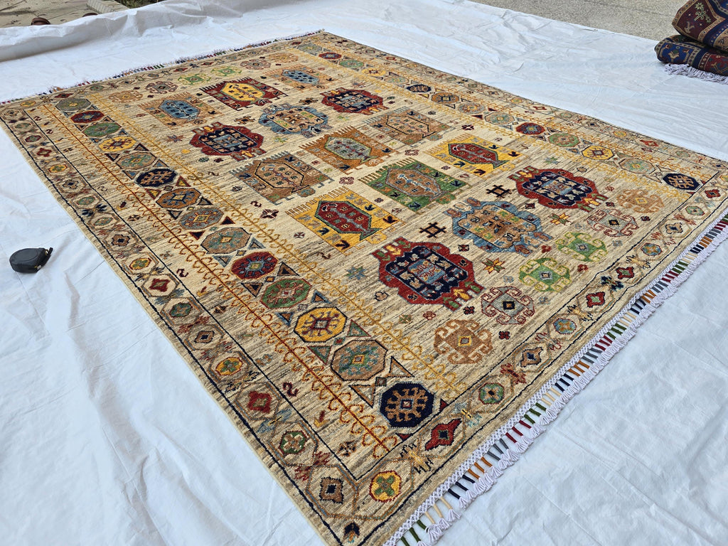 5x7 Turkmen Handwoven Medium Size Modern Rug, Afghan Tribal Geometric Wool Area Rug, Rug for Living Room, Bedroom Rug 218x168 cm