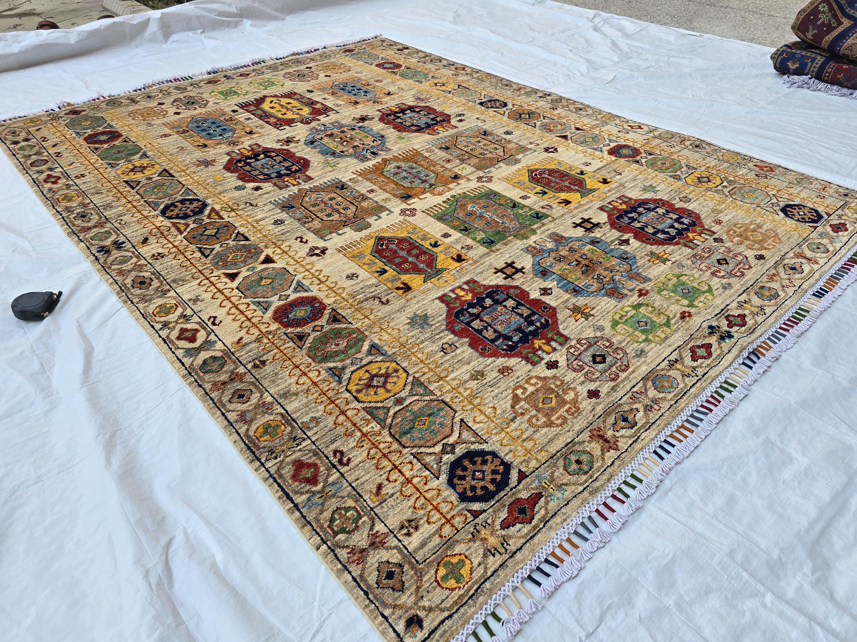 5x7 Turkmen Handwoven Medium Size Modern Rug, Afghan Tribal Geometric Wool Area Rug, Rug for Living Room, Bedroom Rug 218x168 cm