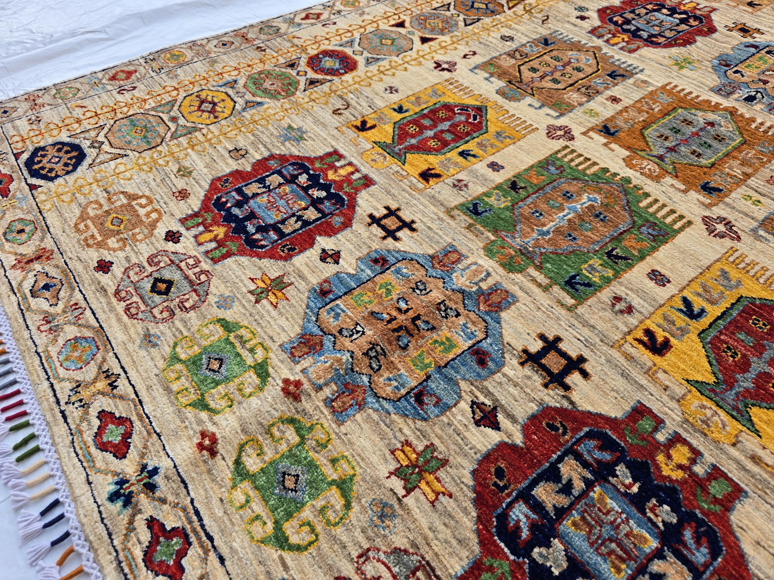 5x7 Turkmen Handwoven Medium Size Modern Rug, Afghan Tribal Geometric Wool Area Rug, Rug for Living Room, Bedroom Rug 218x168 cm