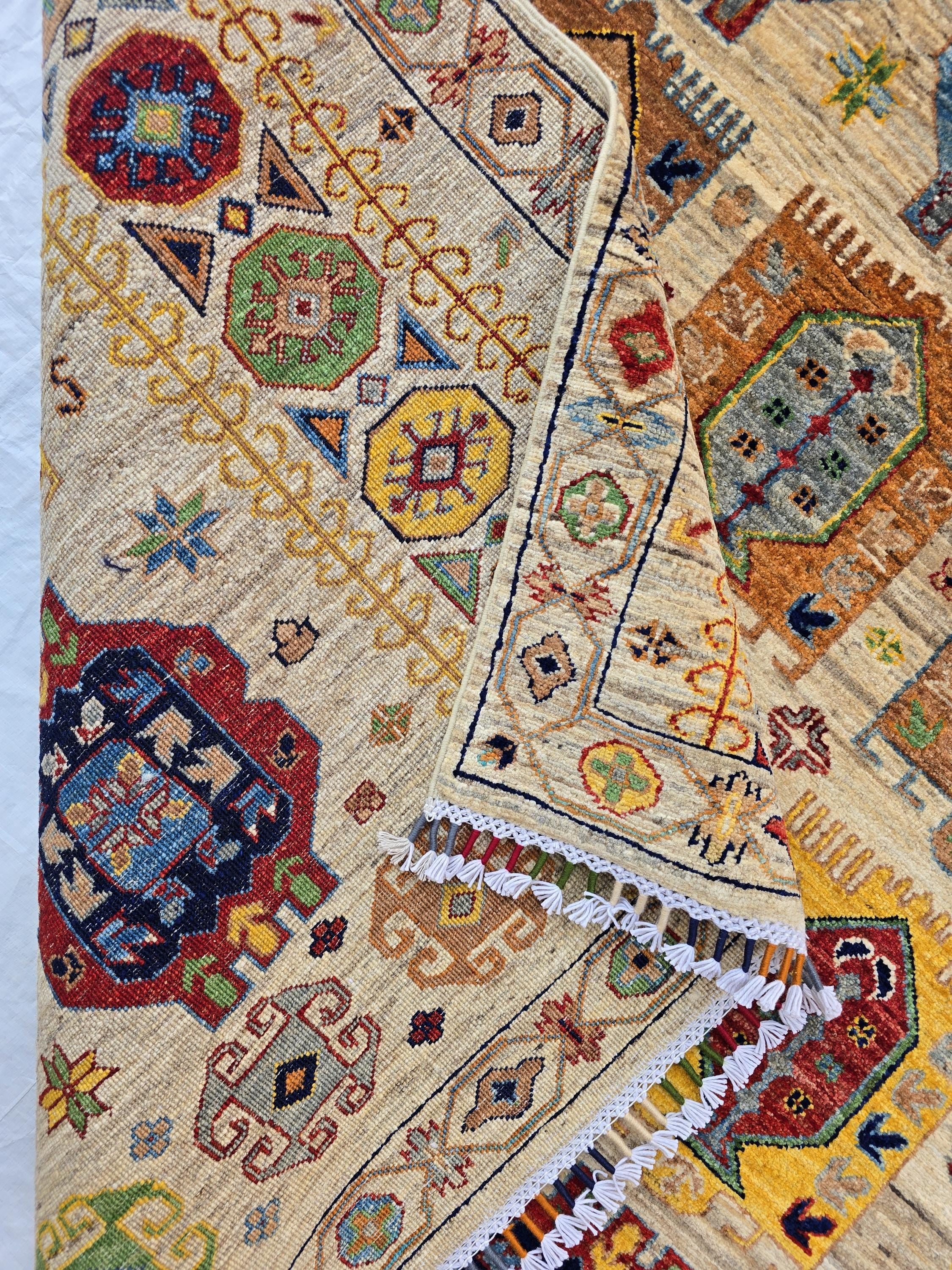 5x7 Turkmen Handwoven Medium Size Modern Rug, Afghan Tribal Geometric Wool Area Rug, Rug for Living Room, Bedroom Rug 218x168 cm