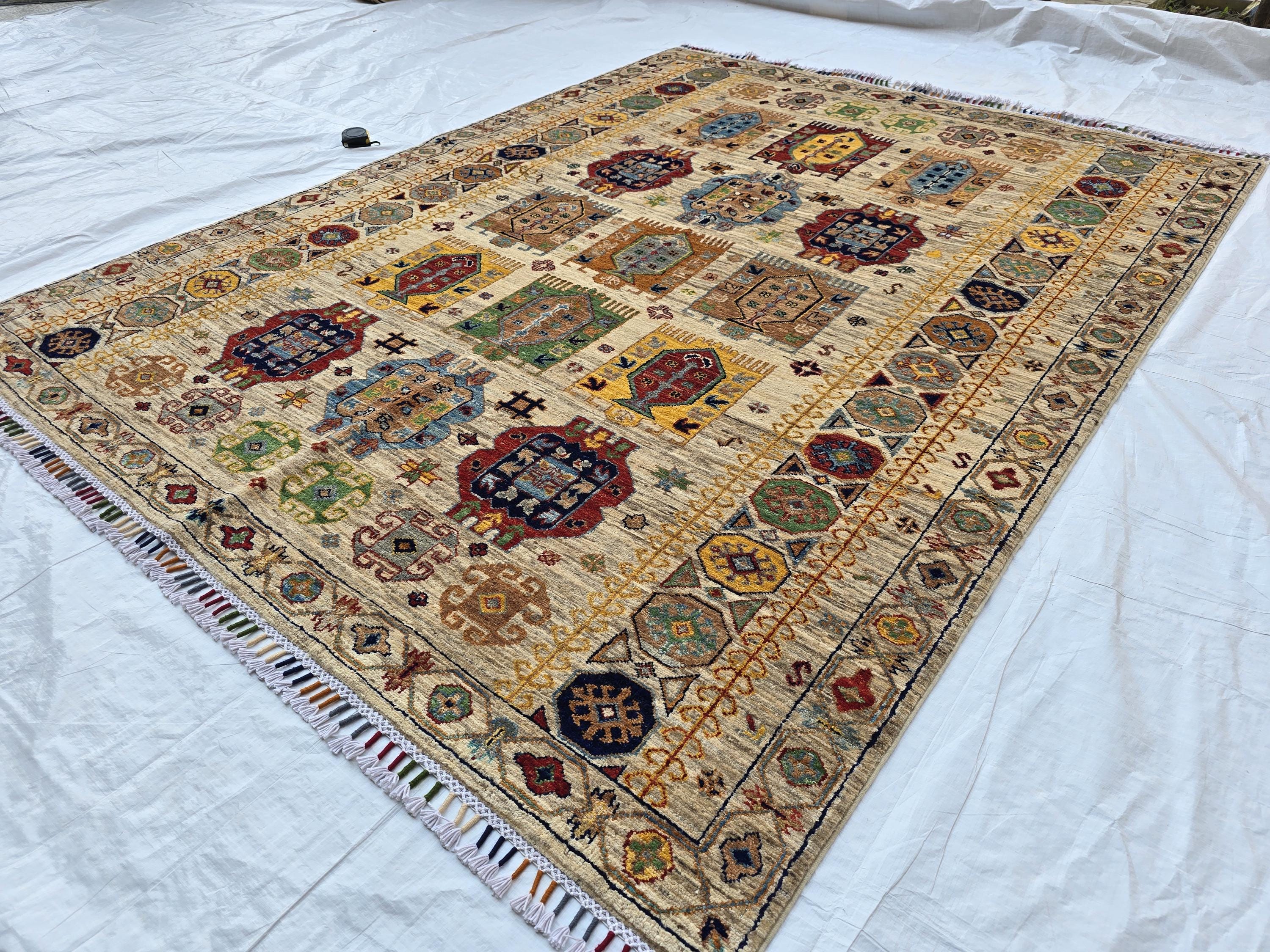 5x7 Turkmen Handwoven Medium Size Modern Rug, Afghan Tribal Geometric Wool Area Rug, Rug for Living Room, Bedroom Rug 218x168 cm