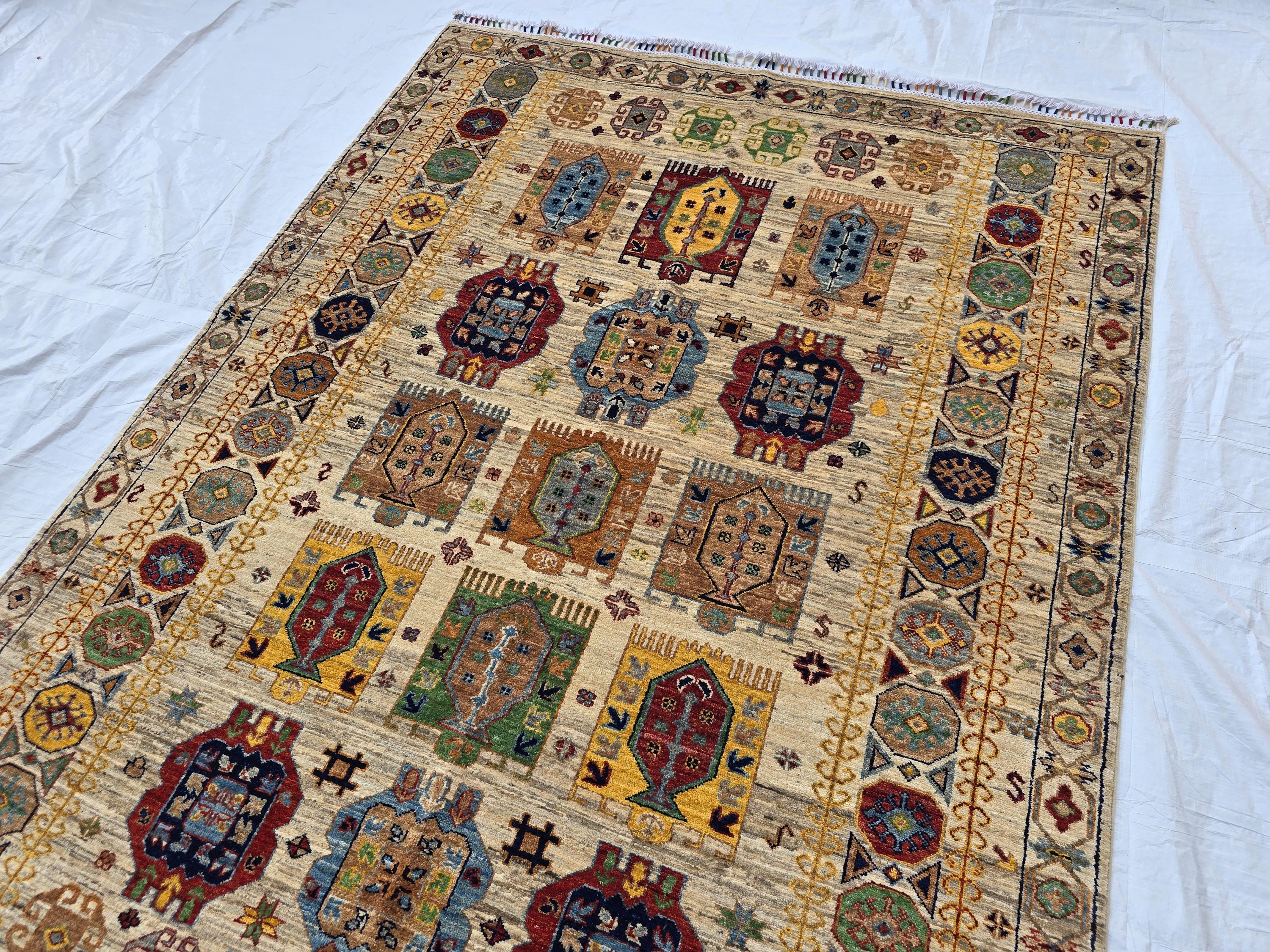 5x7 Turkmen Handwoven Medium Size Modern Rug, Afghan Tribal Geometric Wool Area Rug, Rug for Living Room, Bedroom Rug 218x168 cm