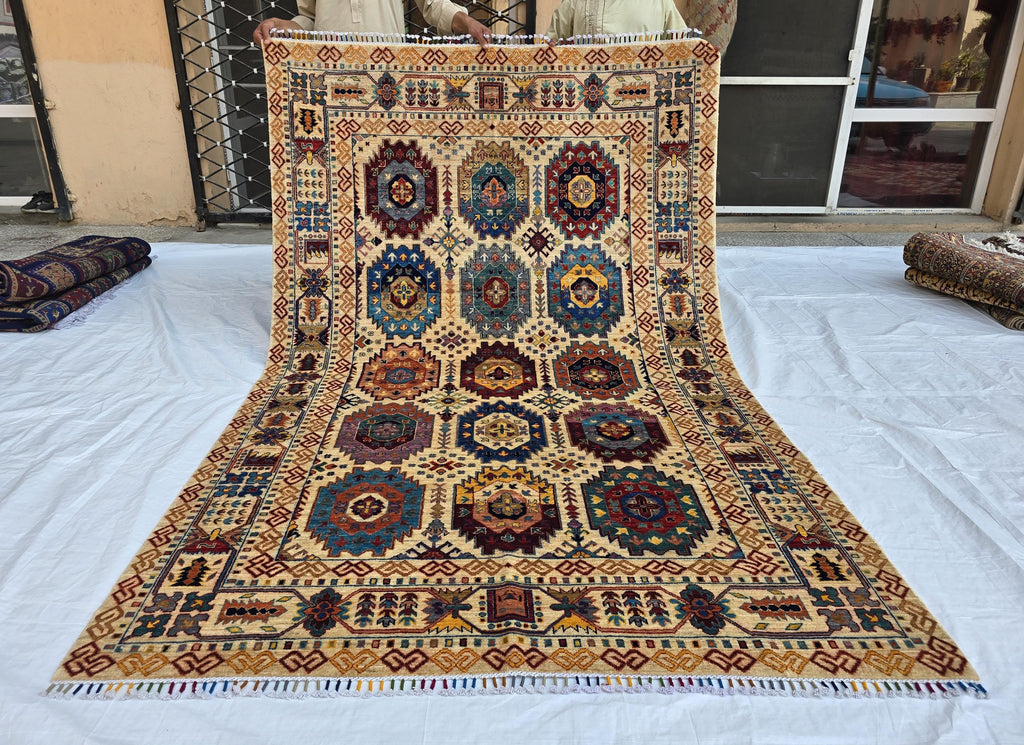 6x8ft Afghan Kazak Rug – Hand-Knotted Wool Area Rug, Tribal Geometric Design, Multicolor Carpet for Living Room or Office, Bedroom Rug