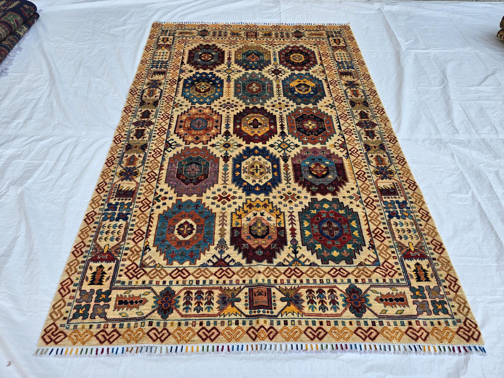 6x8ft Afghan Kazak Rug – Hand-Knotted Wool Area Rug, Tribal Geometric Design, Multicolor Carpet for Living Room or Office, Bedroom Rug