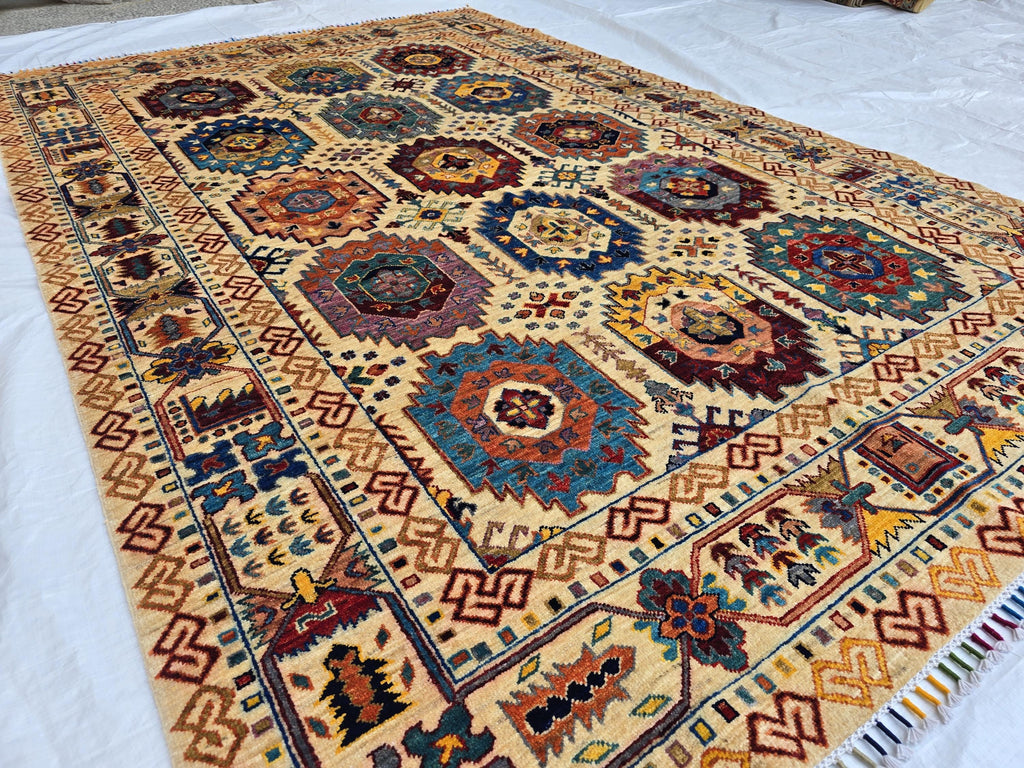 6x8ft Afghan Kazak Rug – Hand-Knotted Wool Area Rug, Tribal Geometric Design, Multicolor Carpet for Living Room or Office, Bedroom Rug